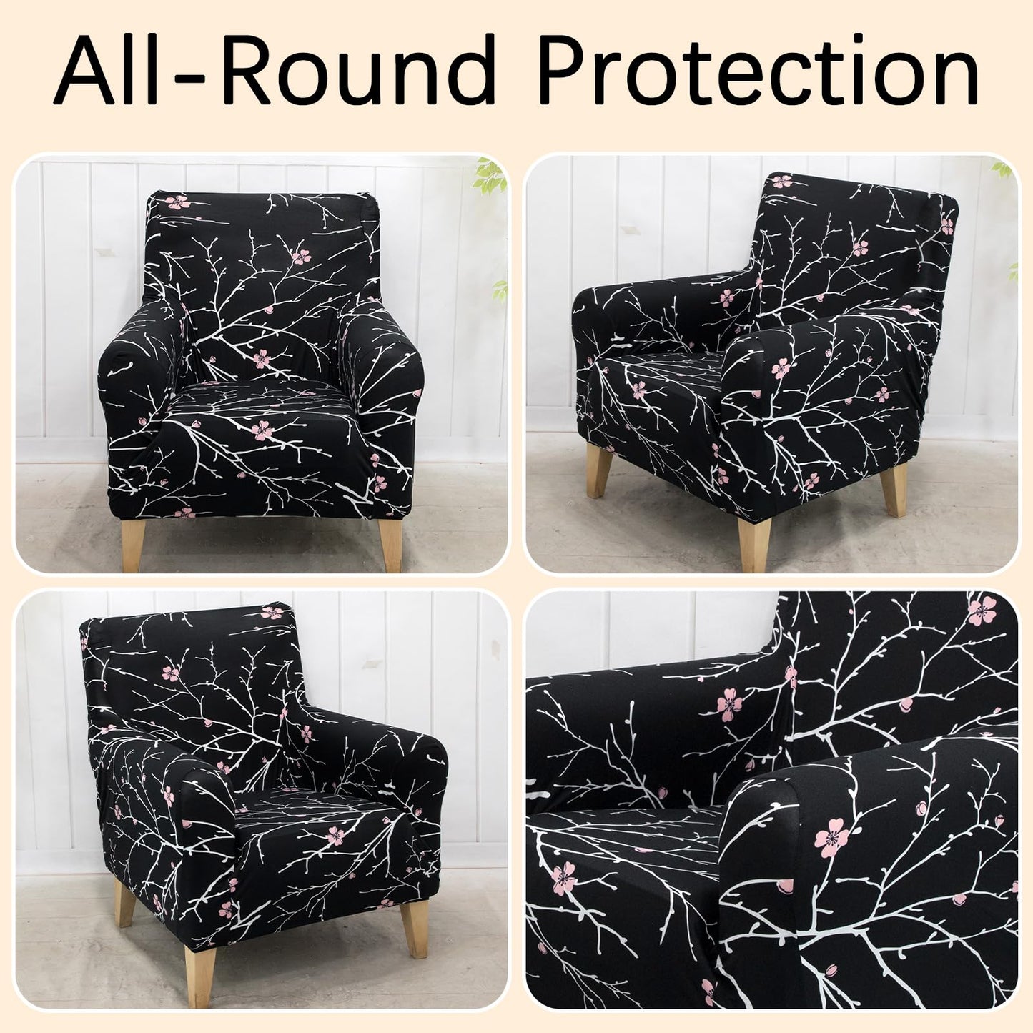 Adigau Chair Covers Stretch Armchair Protector Modern Printed Single Sofa Slipcover with Arms for Living Room Office Reception Reading Couch(Black Flower)
