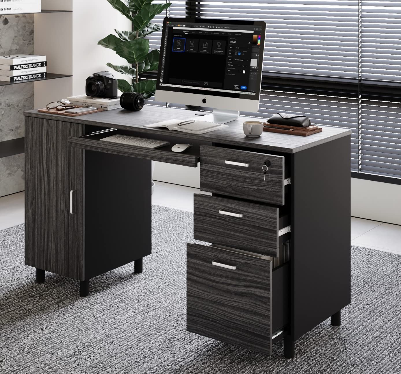 Modern Design Venice Computer Desk with Lockable Drawers, 53 Inch Home Office Desk with Storage Cabinet, Keyboard Tray & Cable Management, Modern Study Writing Desk for Small Spaces, Black and Grey