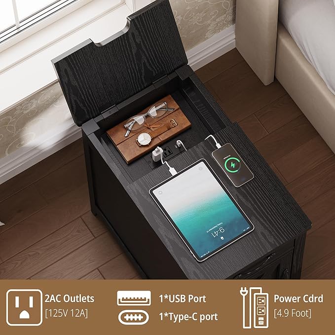 IRONCK End Table with Charging Station, Narrow Side Table