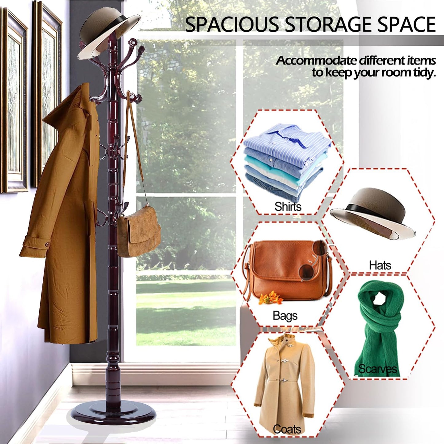 Sauqzoh Coat Racks Free Standing with 14 Hooks, Natural Wood Coat Stands for Entryway, Adjustable Height 72 in Tree Coat Rack Stand for Hallway Home Office Bedroom (Mahogany Ruyi)