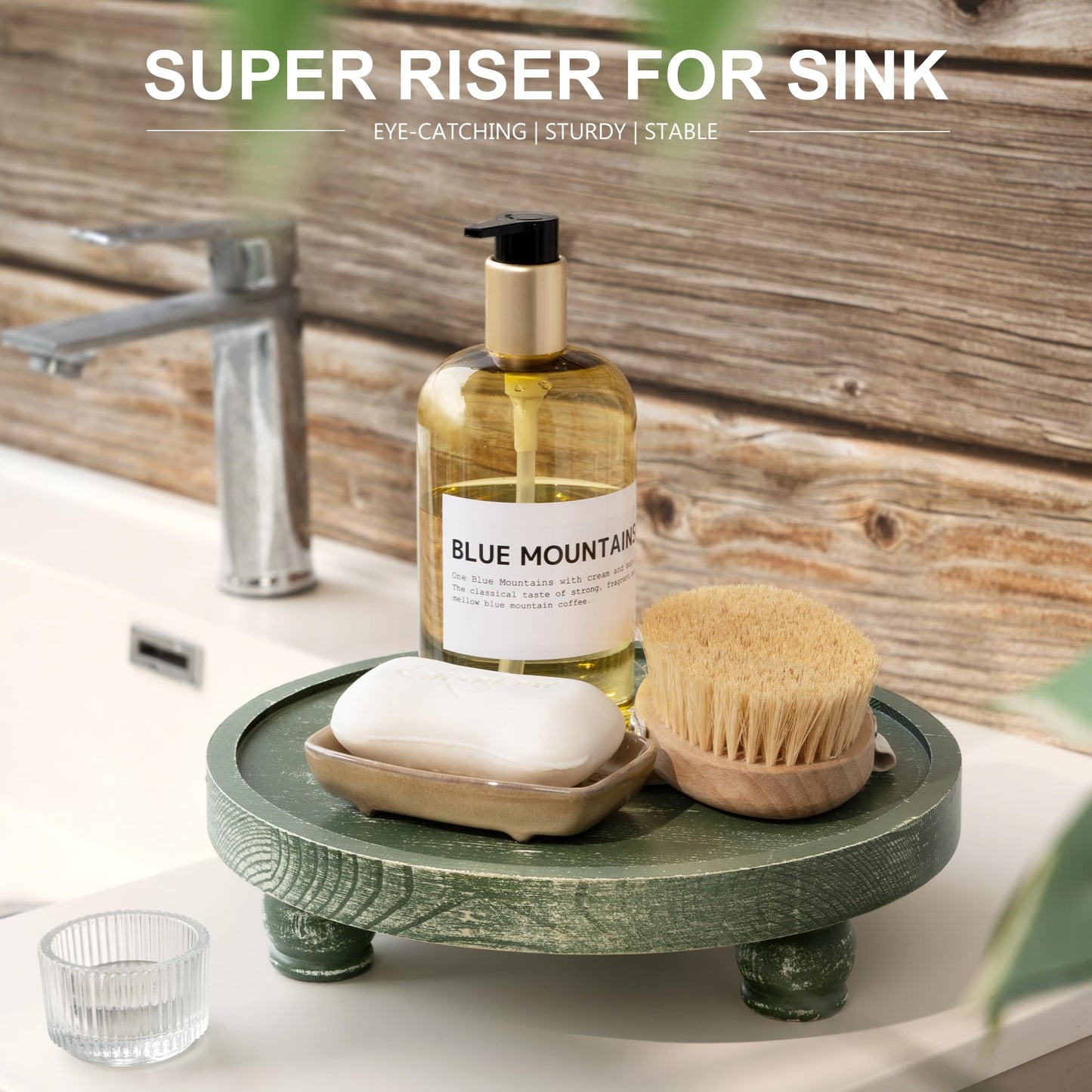 EOSAHR Farmhouse Pine Wood Riser for Home Decor – Round Pedestal Stand for Coffee Table & Kitchen Sink – Stylish Display Stand for Dish Soap Dispenser, Candles, Plants and Cupcakes (Green)