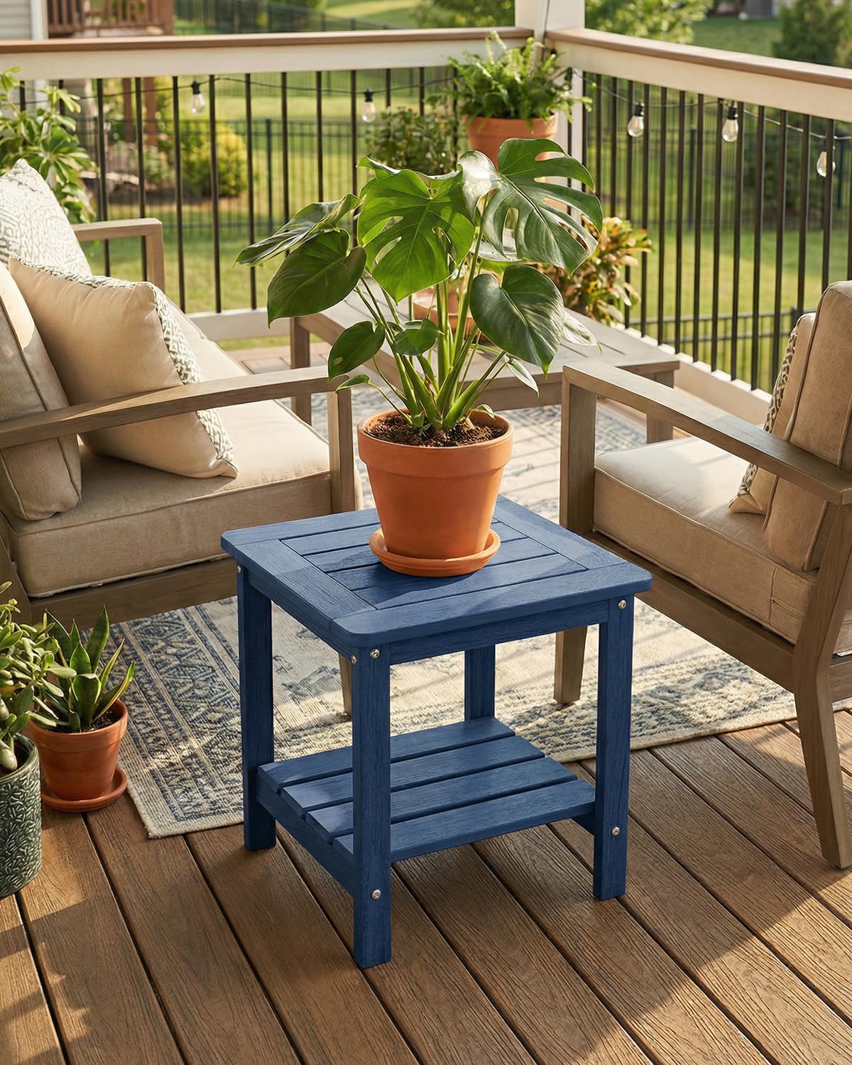 Kibaso-Adirondack Outdoor Side Table, 2-Tier HDPE Outdoor End Table, Weather Resistant Easy Maintenance, Small Patio Side Table for Patio, Pool, Porch, Garden, Lawn, and Living Room (1, Blue)