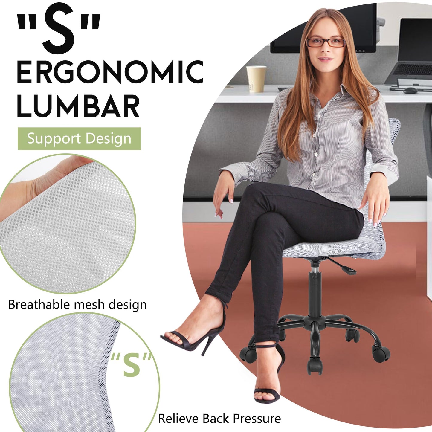 BestOffice Ergonomic Office Chair Desk Chair Mesh Computer Chair Armless Back Support Modern Executive Rolling Swivel Chair with Lumbar Support(Grey)
