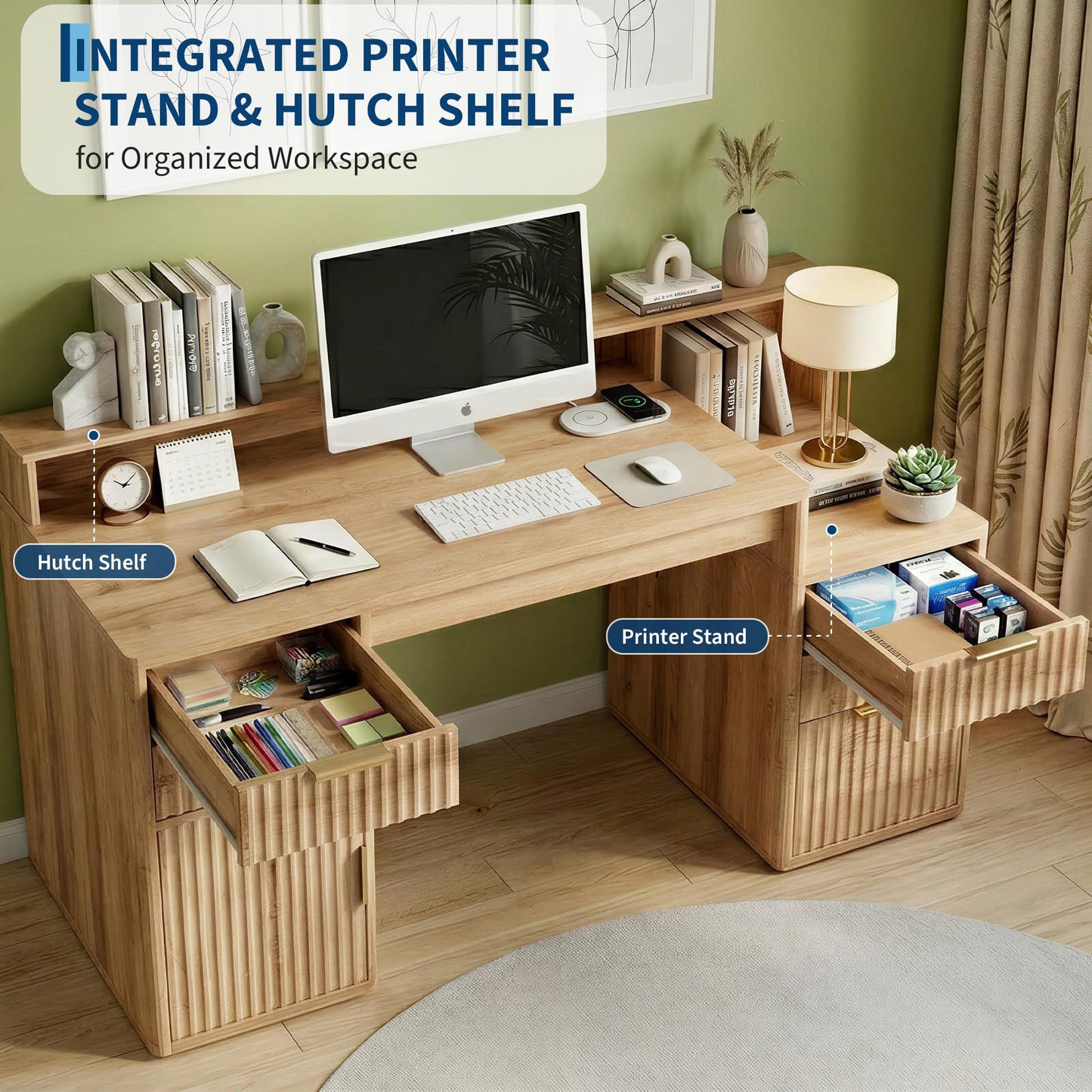 IDEALHOUSE Rectangular Computer Desk with Hutch & Printer Stand, Ripple Door Storage Home Office Desk, Space-Saving Study Writing Desk for Bedroom, Sturdy Board Student Desk with Easy Assembly