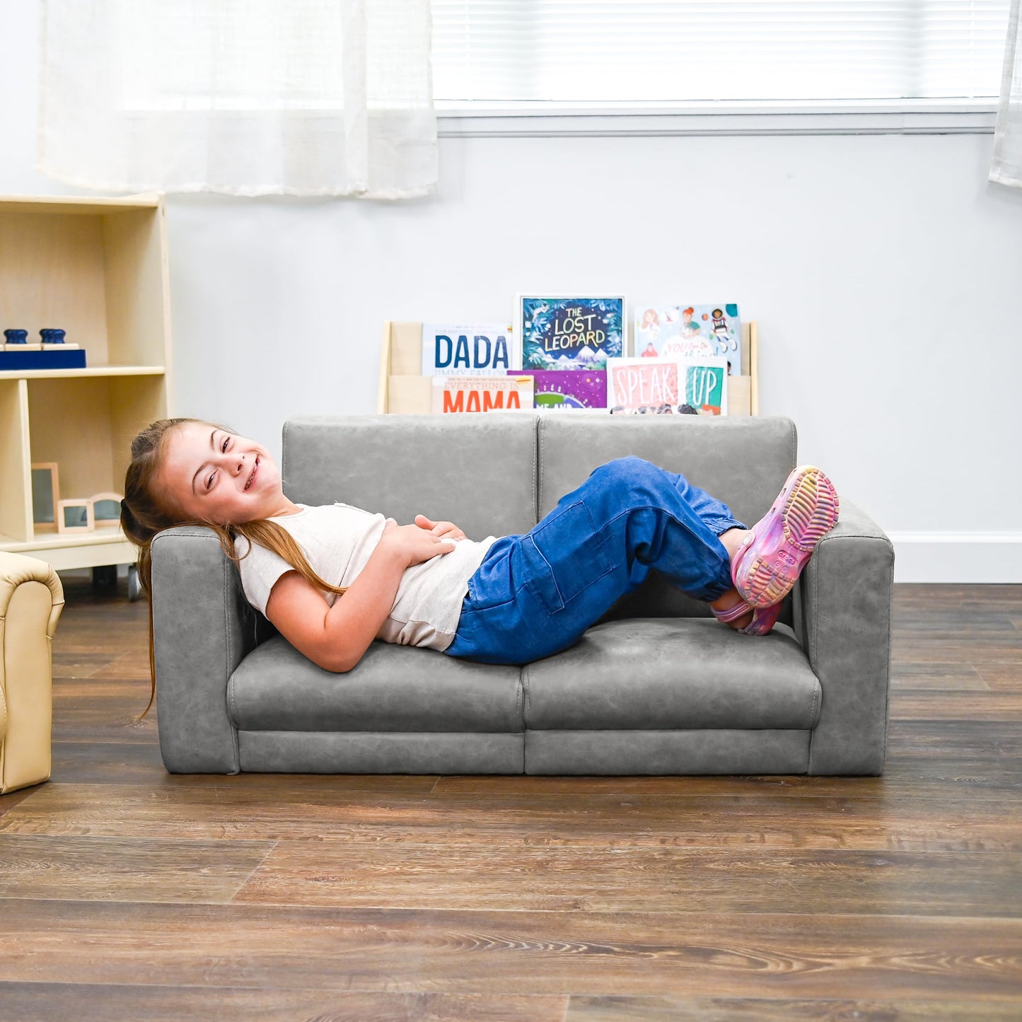 Children's Factory As We Grow Modern Kids Sofa, Flexible Seating for Classroom Elementary, Adjustible Kids Couch for Playrooms and Daycares, Faux Distressed Leather Gray