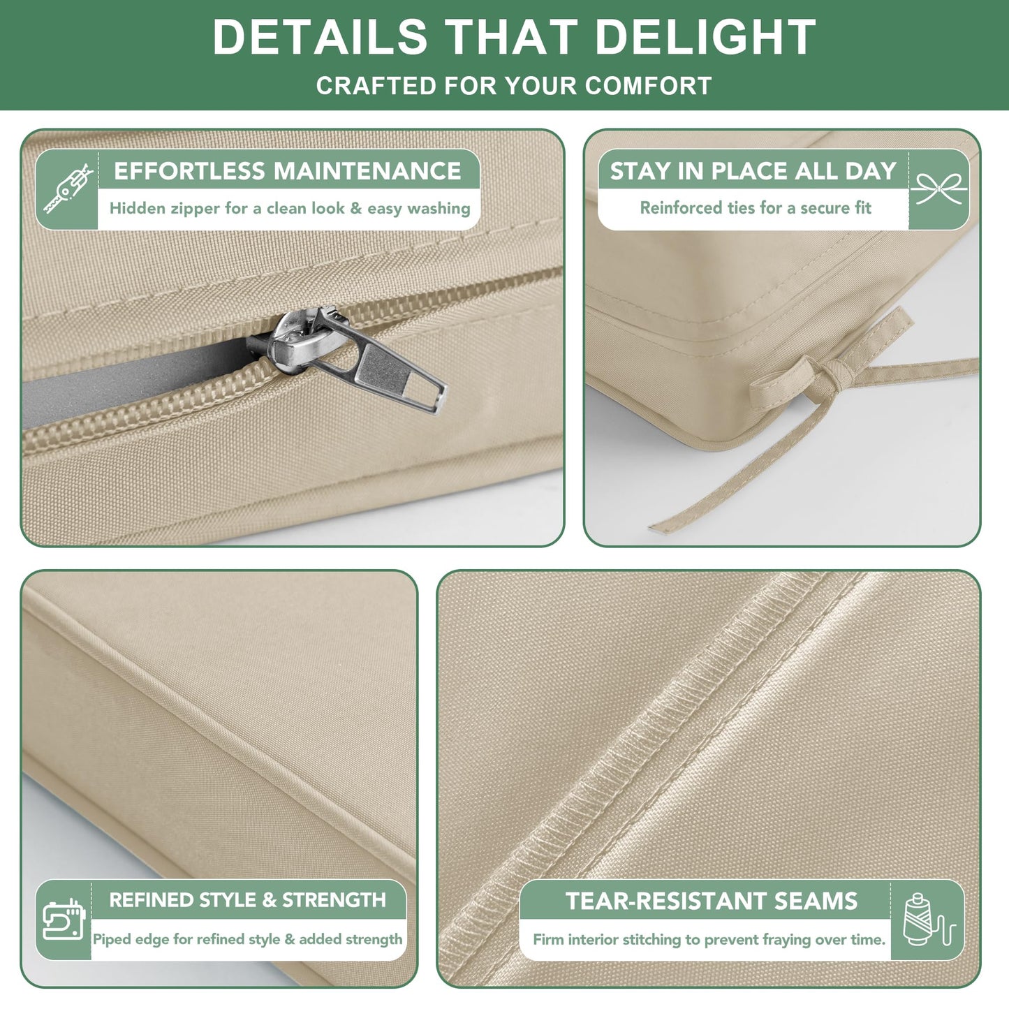 Summsun Outdoor Chair Cushions Set of 4, Waterproof Backrest and Deep Seat Cushion Set for Patio Furniture, Outdoor Sofa Replacement Cushions with Removable Cover, 24 x 24 Inch, Cream