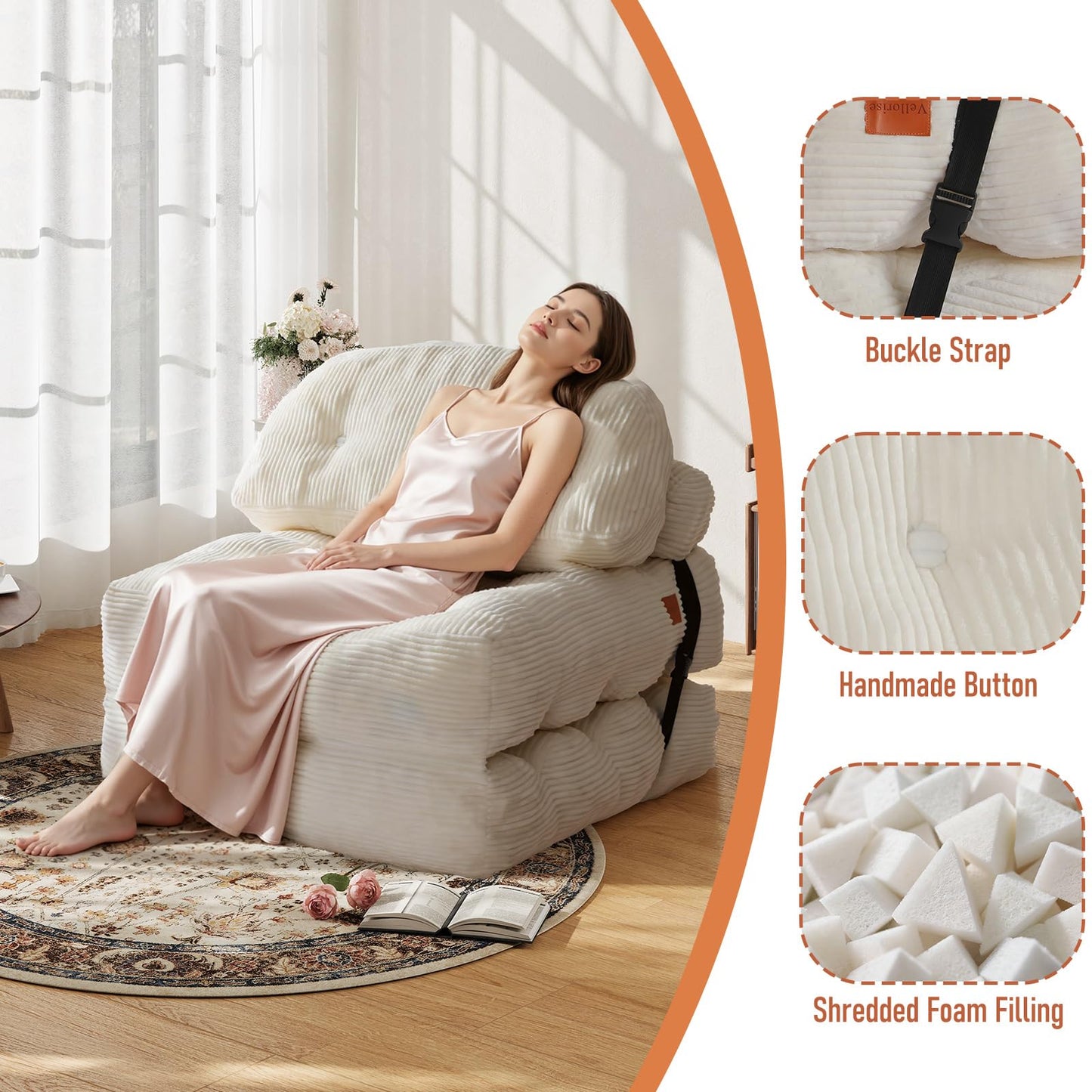 Vellorise Folding Sofa Bed, Convertible Chair Bed with Back Support and Pillow Futon,Foldable Boneless Chair for Living Room/Guest Use/Home Office, Foldable Couch for Adults, Beige