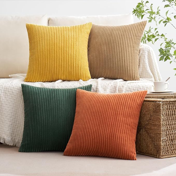 MIULEE Pack of 4 Green-Rust Corduroy Decorative Throw Pillow Covers 18x18 Inch