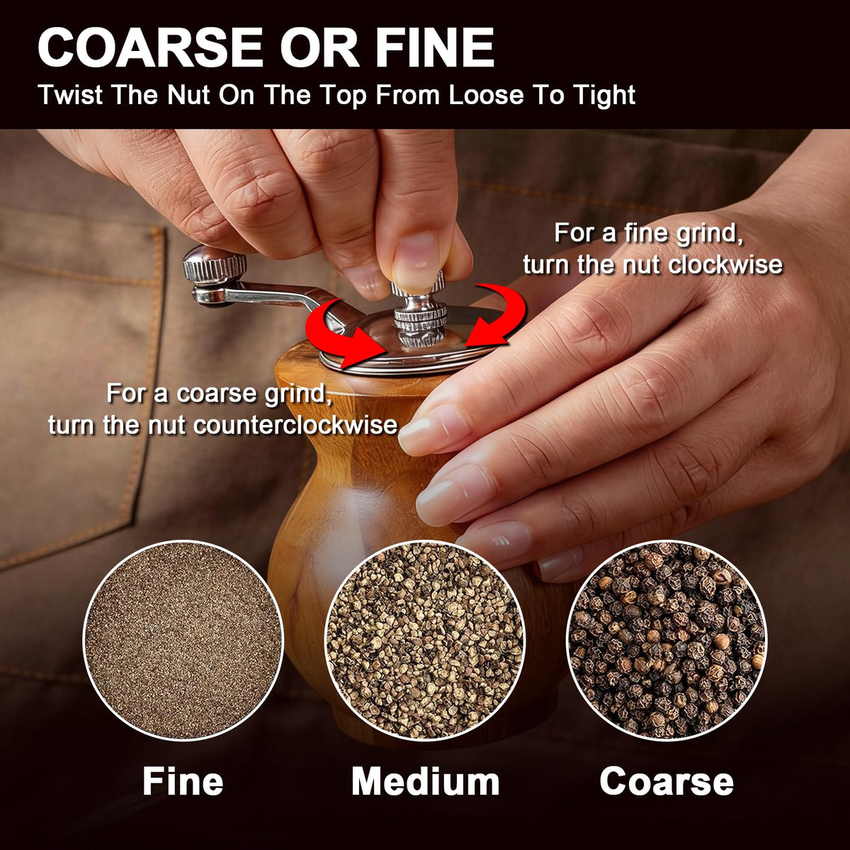 Pepper Grinder with Crank Handle, Adjustable Refillable Spice Mill