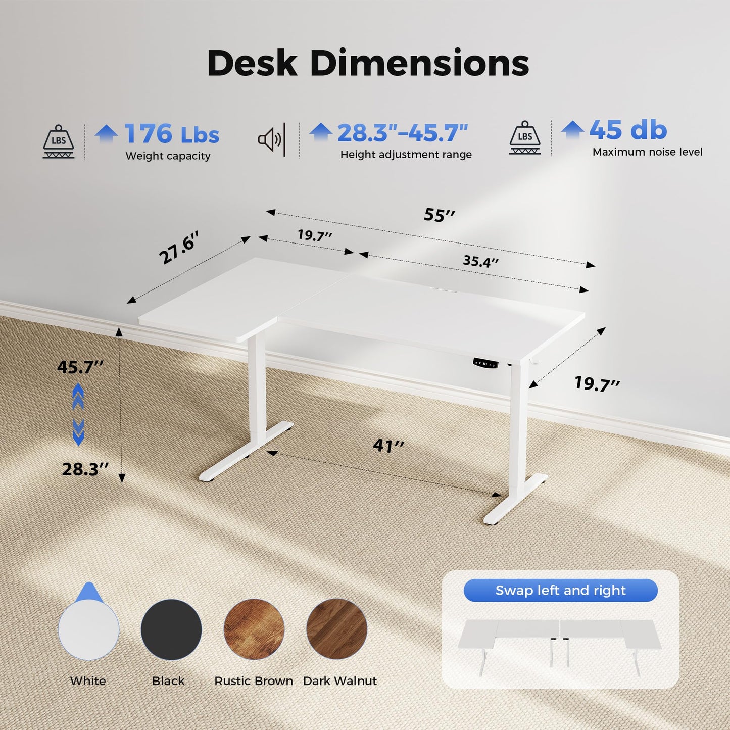 Agilestic 55 Inch Reversible L Shaped Standing Desk, Electric Height Adjustable Desk with Memory Preset, Sit Stand Up Computer Workstation for Home Office, Splice Board, White