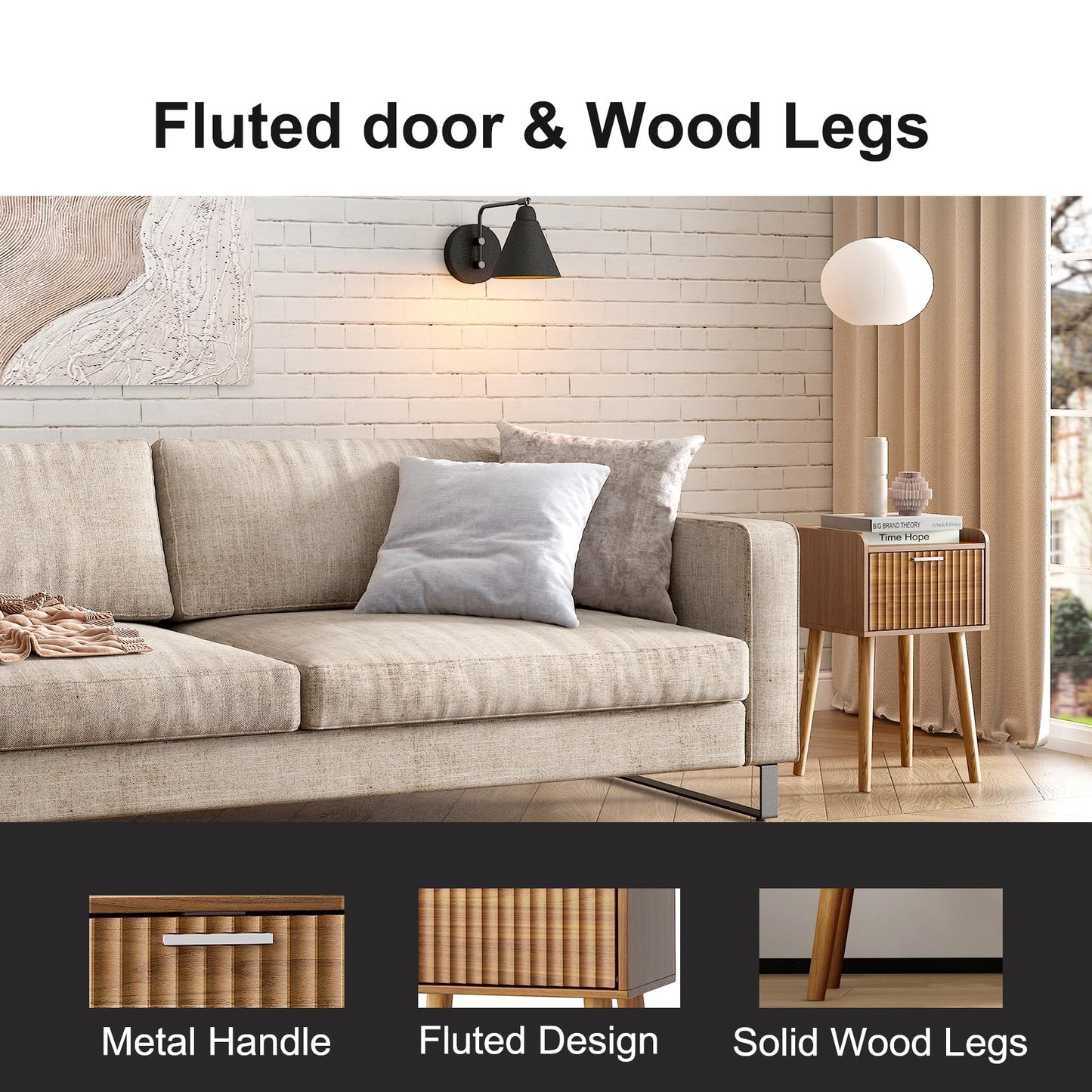 LAATOOREE Small Nightstands Set of 2, Side End Table, Bedside Table with Fluted Door, Solid Wood Feet; for Bedroom, Small Bed