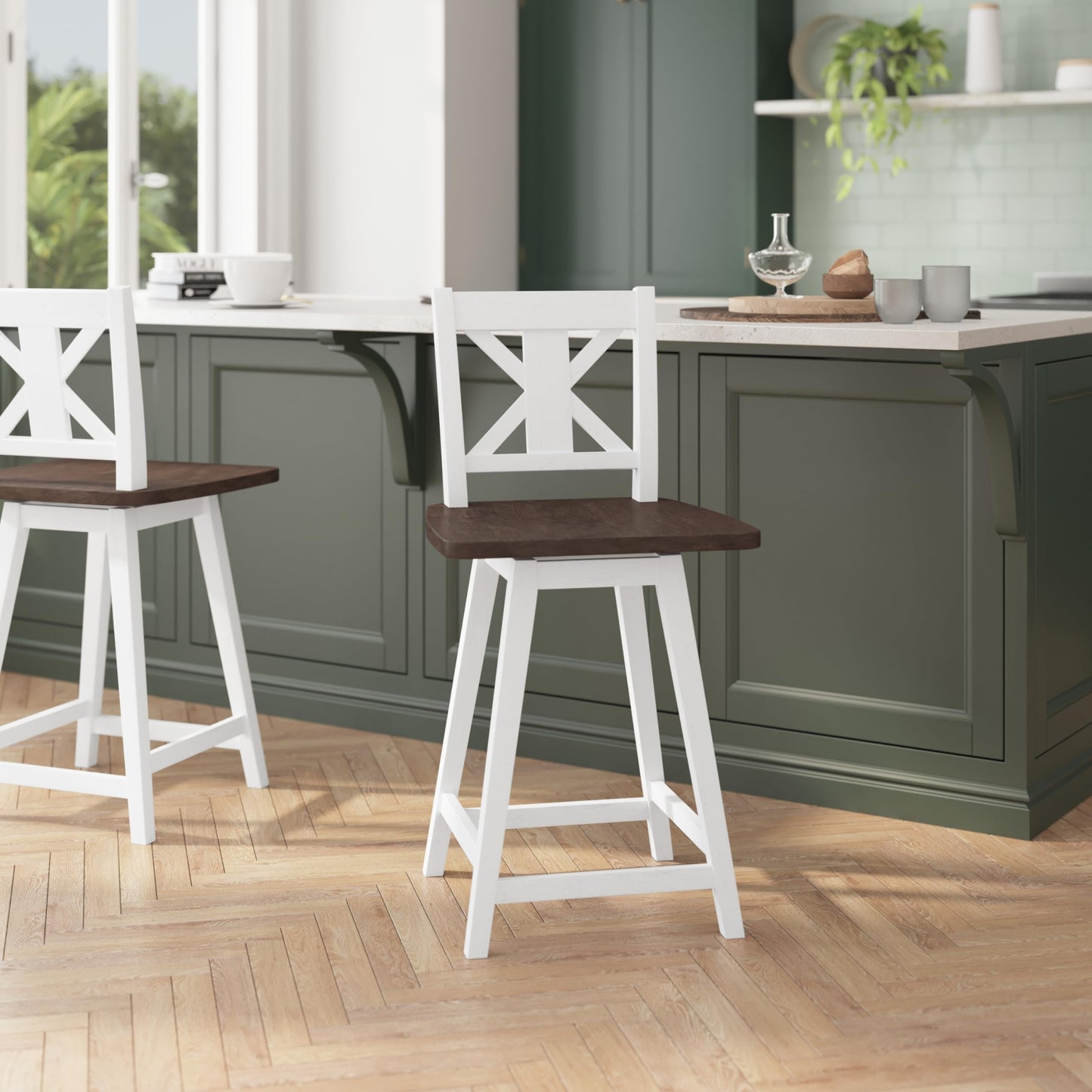 Flash Furniture Gwendolyn Commercial Modern Farmhouse Barstool - Antique White Wash Frame - Gray Wash Seat - Counter Height - 360° Swivel Seat - Integrated Footrest