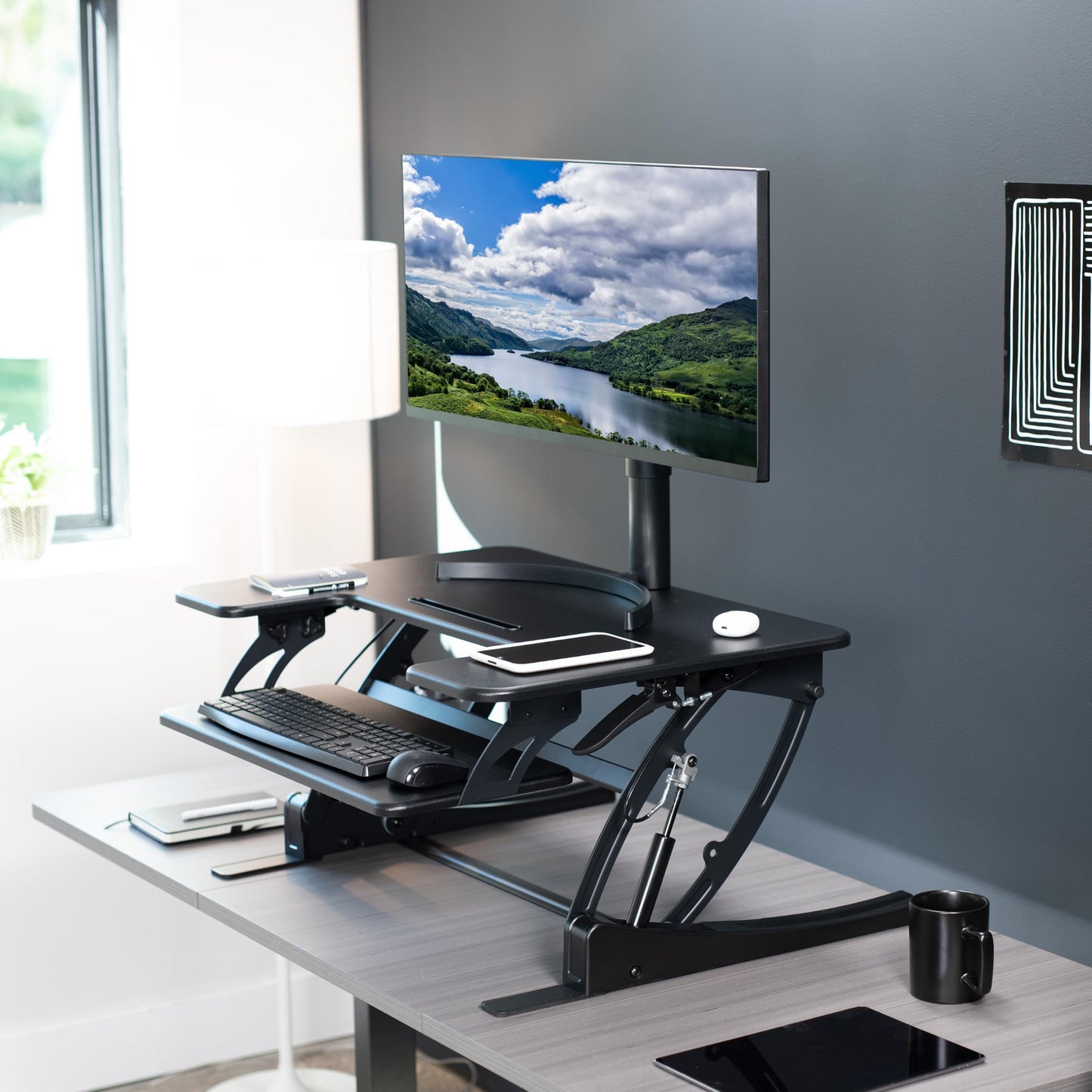 VIVO 32 inch Height Adjustable Stand Up Desk Converter, V Series, Quick Sit to Stand Tabletop Dual Monitor Riser Workstation, Black, DESK-V000VS
