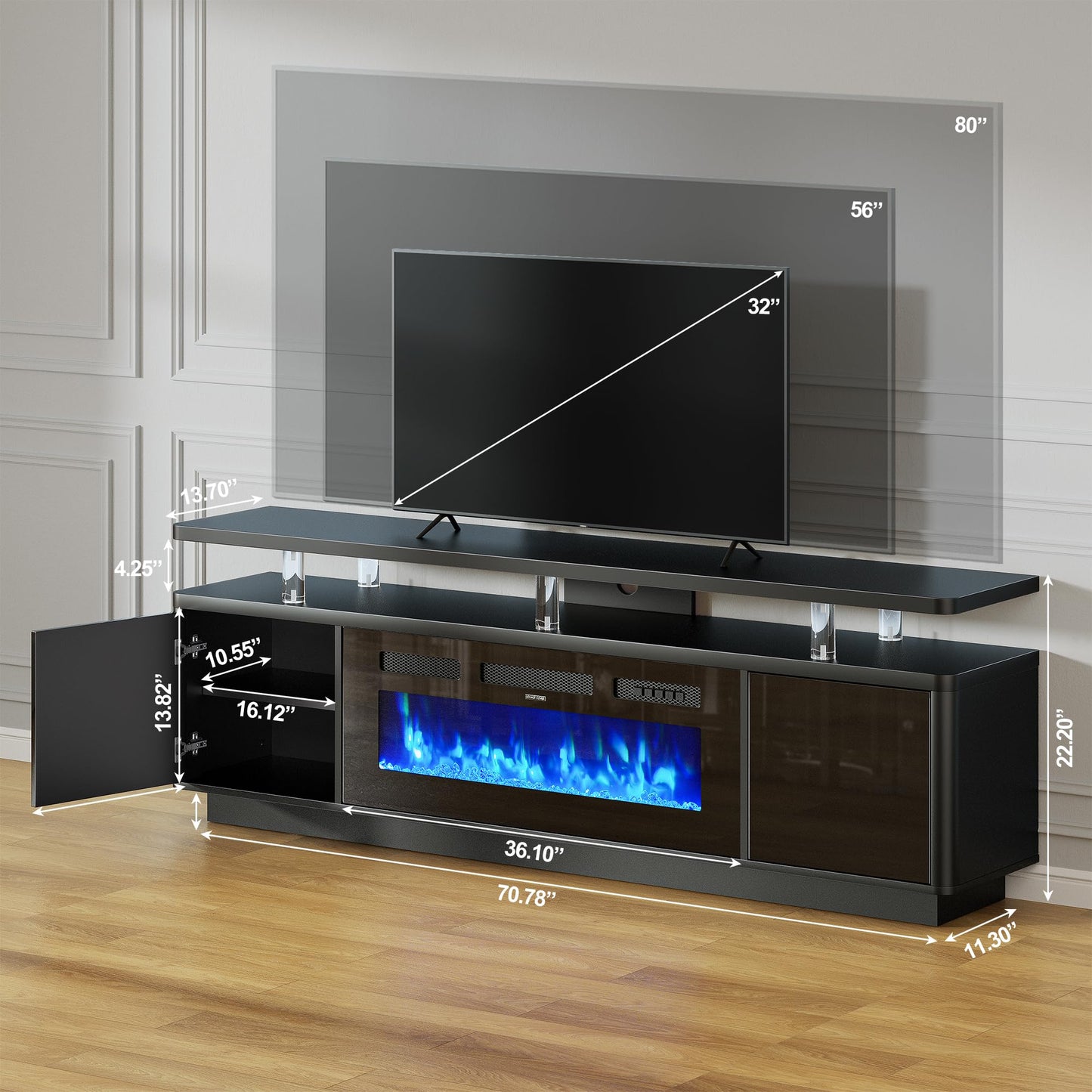OneBlis 70" Fireplace TV Stand with Double LED Lights for TVs UP to 80", Electric Fireplace Entertainment Center with Storage Cabinets, TV Console for Living Room, Office, Black1