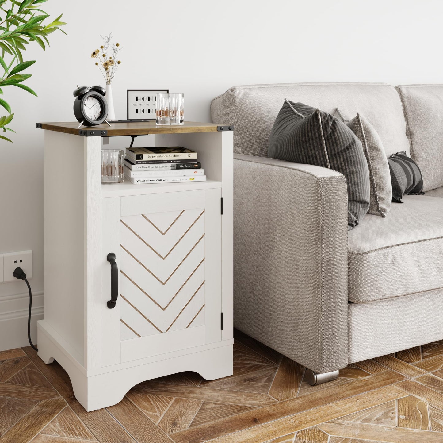RoyalCraft Farmhouse Nightstand, End Table with Charging Station, Tall Bedside Table with Large Storage Room and Shelf, Wooden Rustic Side Table for Bedroom, Home Office, White and Rustic Oak