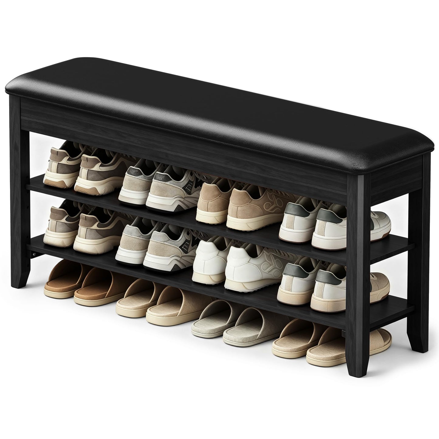 LBT Solid Wood Entryway Shoe Storage Bench, 31.5" Black, Adjustable Shelf, Flip-Top Hidden Compartment, Padded Leather Seat, 2-Tier Shoe Rack, Supports up to 550 lbs for Entryway, Mudroom, Closet