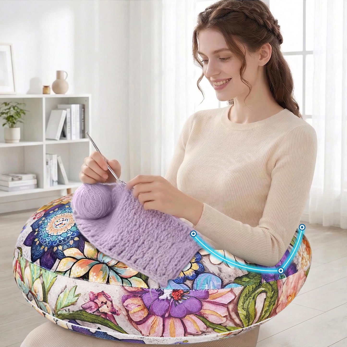 Crafting Pillow for Crocheting, Crochet Pillow for Lap Support, 12 Fun Print Styles, Ergonomic Arm Support, For Bed, Floor, Chair Comfort, Pain Relief and Fatigue for Gaming and Woking (Flower)