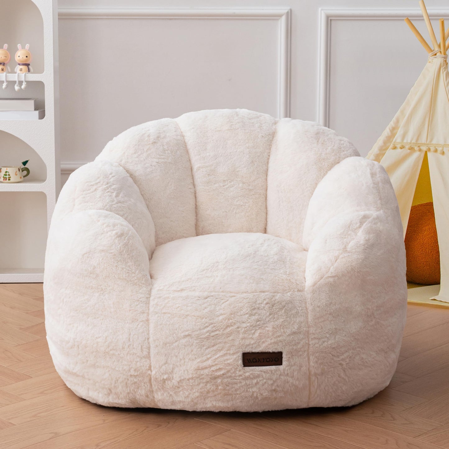 MAXYOYO Kids Bean Bag Chair, Floral Shaped Bean Bag Sofa, Plush Faux Fur Toddler Couch with Petal Backrest for Boys Girls, Stuffed Cozy Sofa for Nursery, Bedroom, Beige