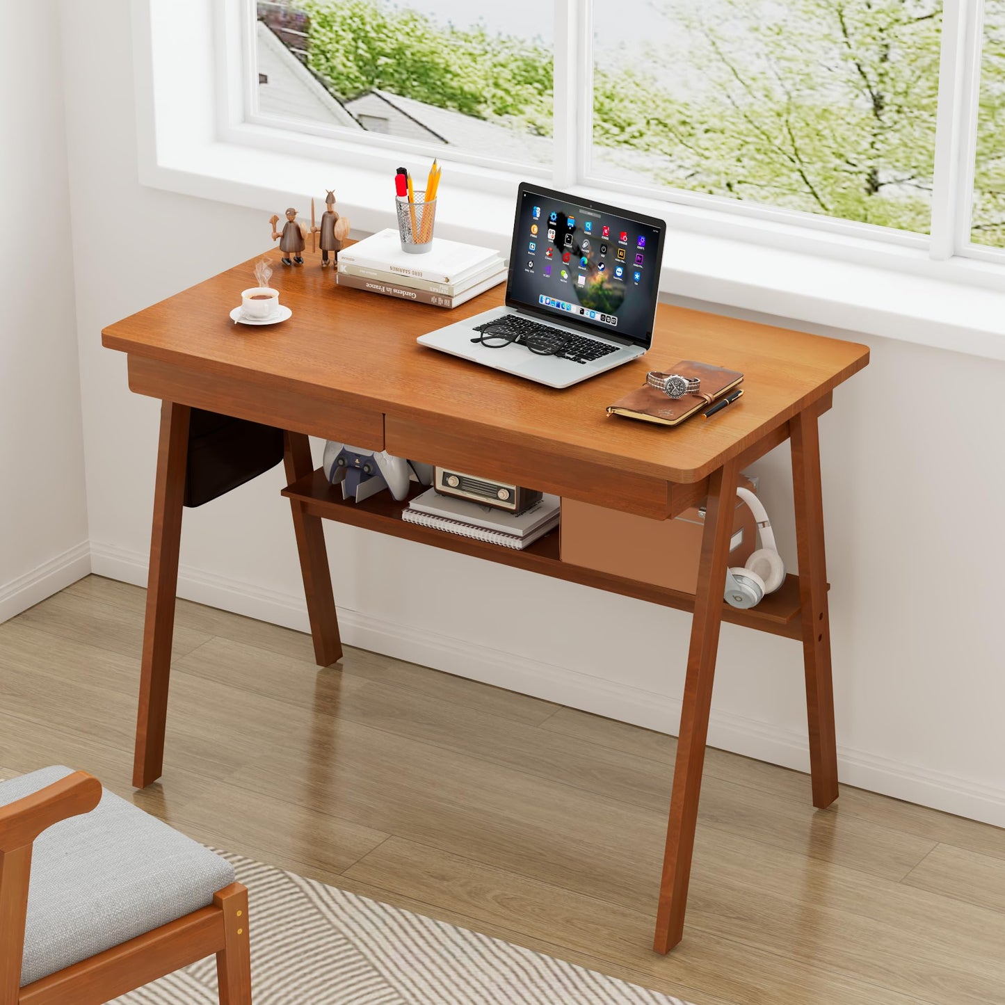 ENPKLUTE Solid Wood Desk with Drawers - 39.4 Inch Mid Century Modern Desks with Storage Shelf, Small Writing Desk for Small Spaces, Home Office Desks for Bedroom & Home, Walnut Color