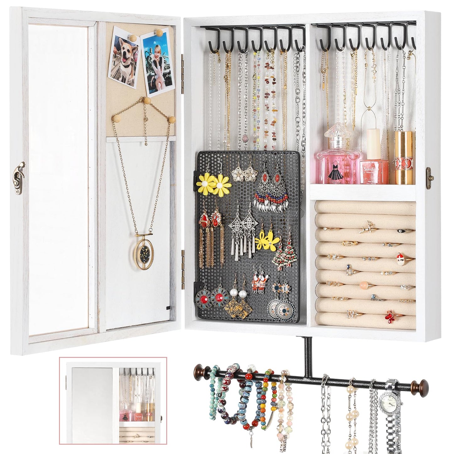 Keebofly Wall Jewelry Organizer Cabinet with Mirror,Rustic Wood Storage for Necklaces, Earrings, Bracelets & Rings, Large-Capacity Hanging Cabinet – White