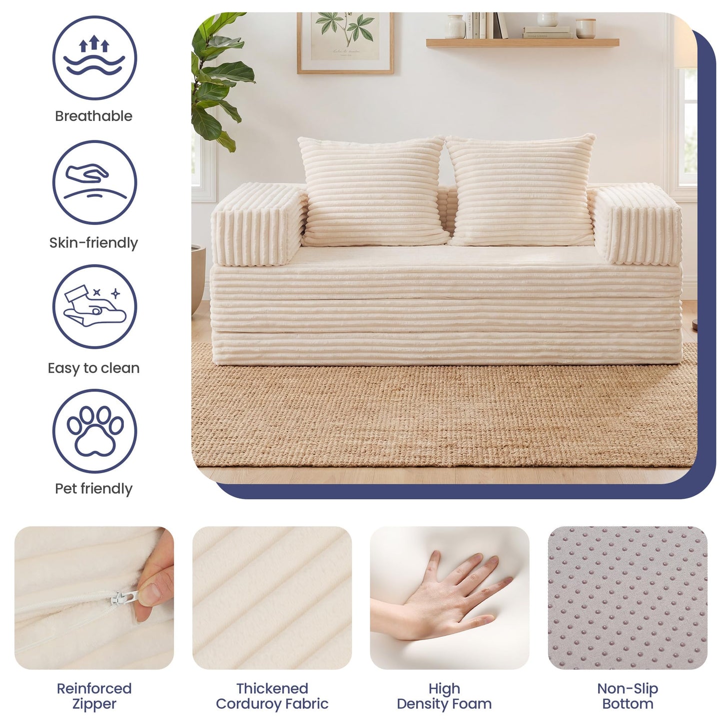 Winzoo Convertible Sofa Bed, 4-in-1 Boneless Loveseat with Removable Armrests Backrest, Corduroy Futon Couch Bed with Pillow, Foldable Mattress Sleeper Sofa for Living Room Bedroom Small Place (Beige)