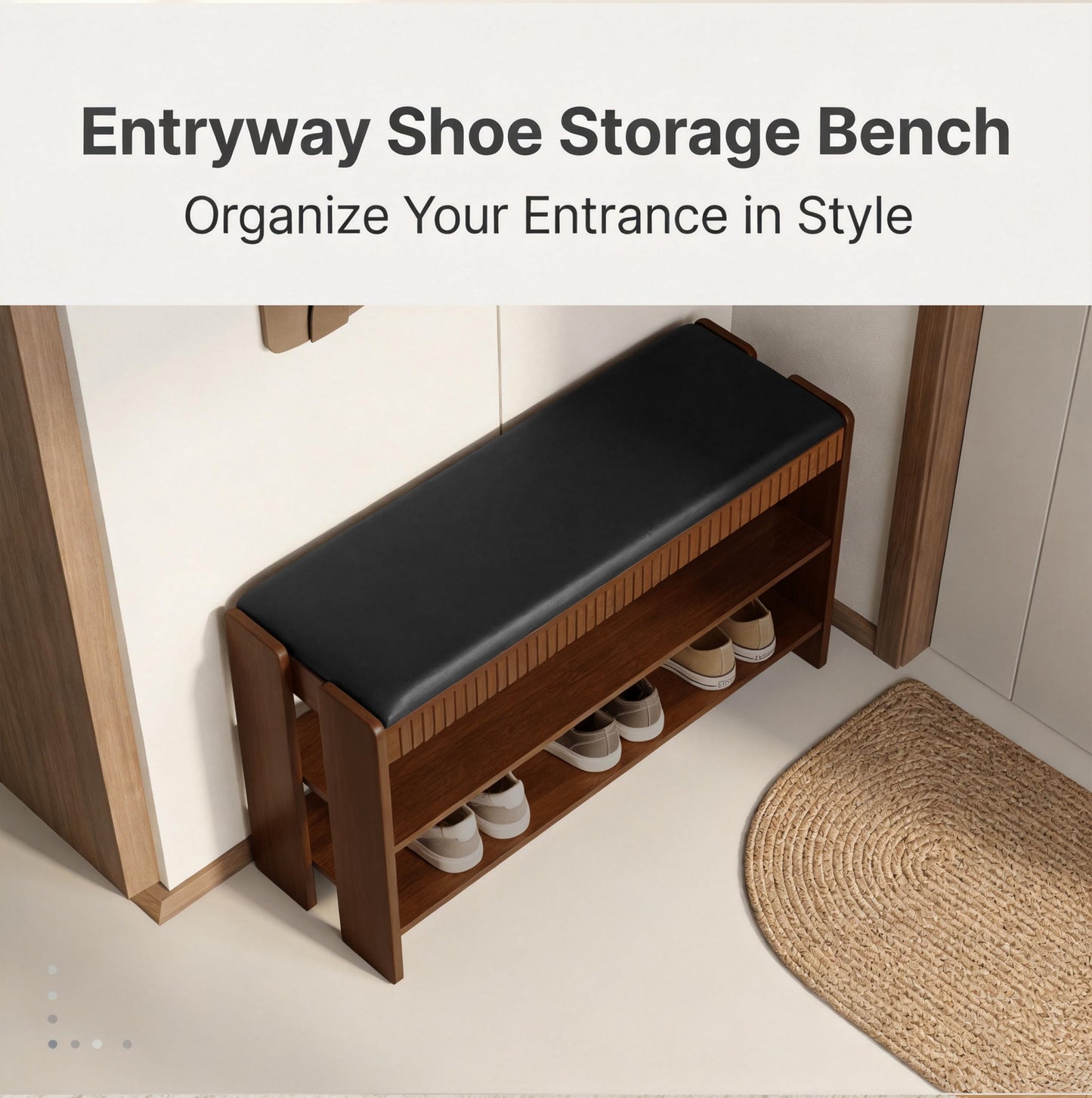 LUHIMI Shoe Bench with Cushion, Solid Wood 2 Tier Adjustable Storage Shoe Bench Rack for Entryway, Bedroom, Closet, Living Room, Hallway