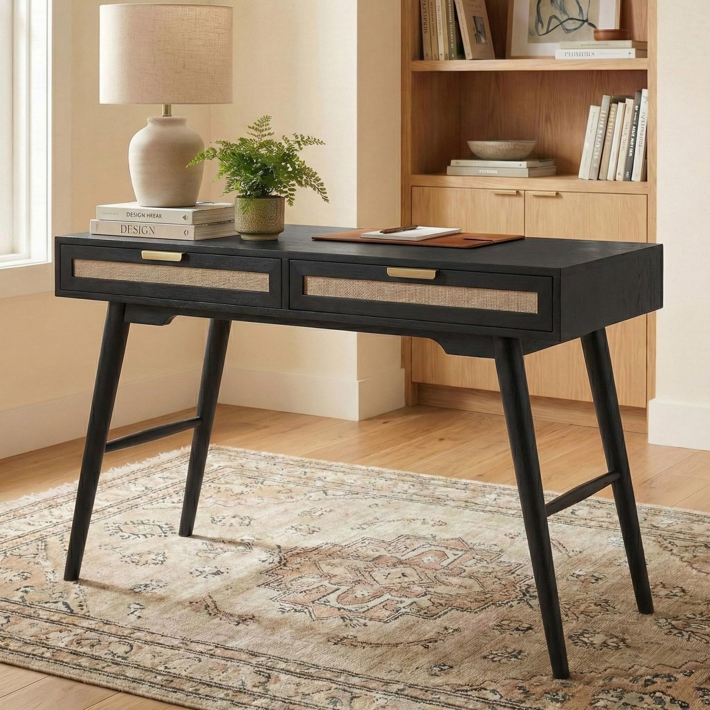 Casartis Living Mid-Century Modern Linen 2-Drawer Desk (Black)