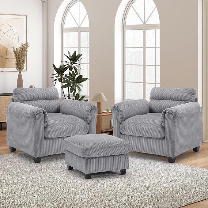 HAOMARKETS Corduroy 3-Piece Sofa Set, Upholstered Ottoman and Accent Chair Sofa