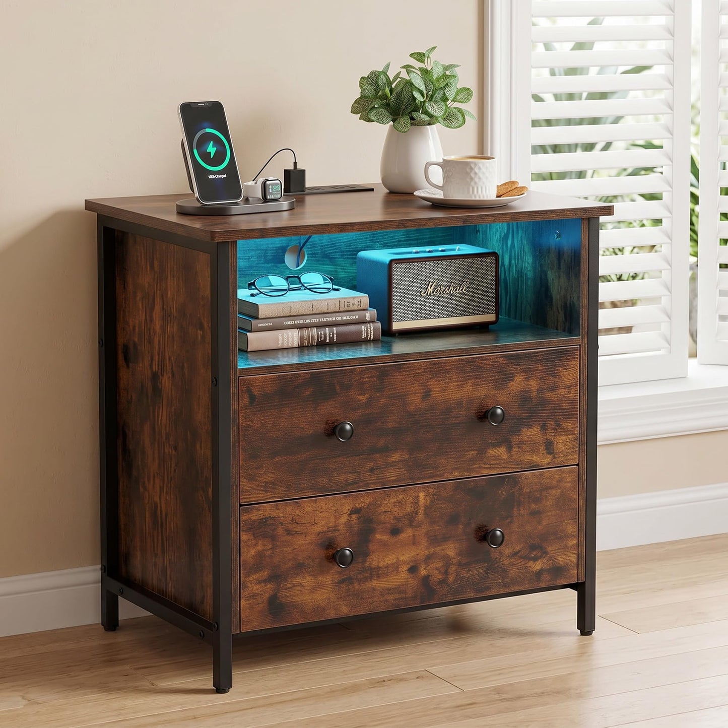 Tykacna 27 Inch Wide Night Stand, Large Wood Night Stand with 2 Drawers, LED Nightstand with Charging Station and Adjustable Drawer, Bedside Table for Living Room/Bedroom/Study/Office, Retro.