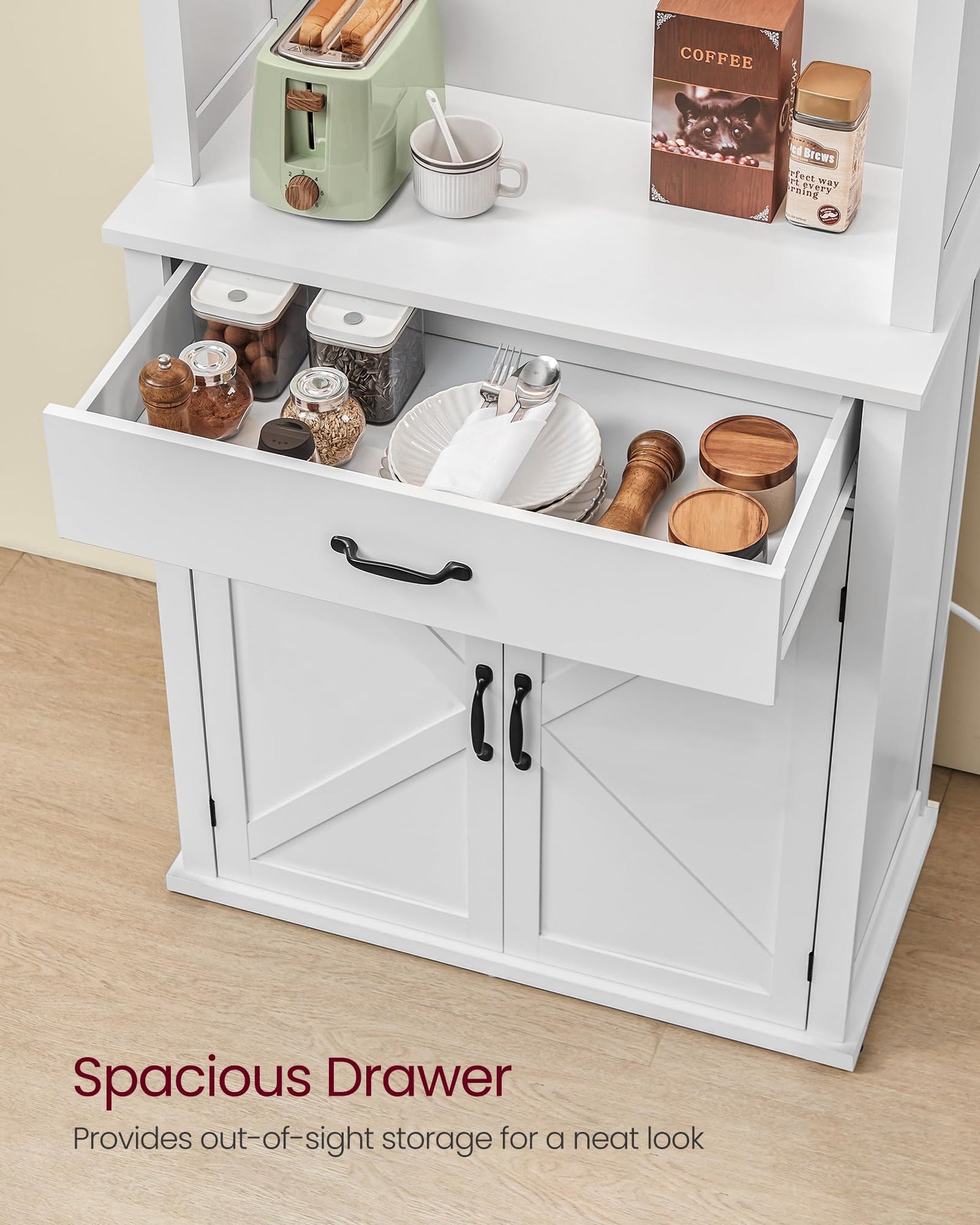 VASAGLE LIRY Collection - 71-Inch Tall Kitchen Pantry Cabinet with Lights and Charging Station, Coffee Bar Cabinet with Doors and Drawer, Farmhouse Style, Adjustable Shelves, Cloud White UBBK363W11