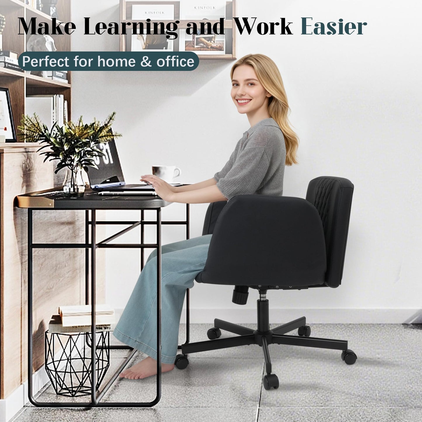 Azaeahom Criss Cross Chair with Wheels & Adjustable Armrests, PU Leather Computer Vanity Desk Chairs for Home, Office, Bed Room(Black)