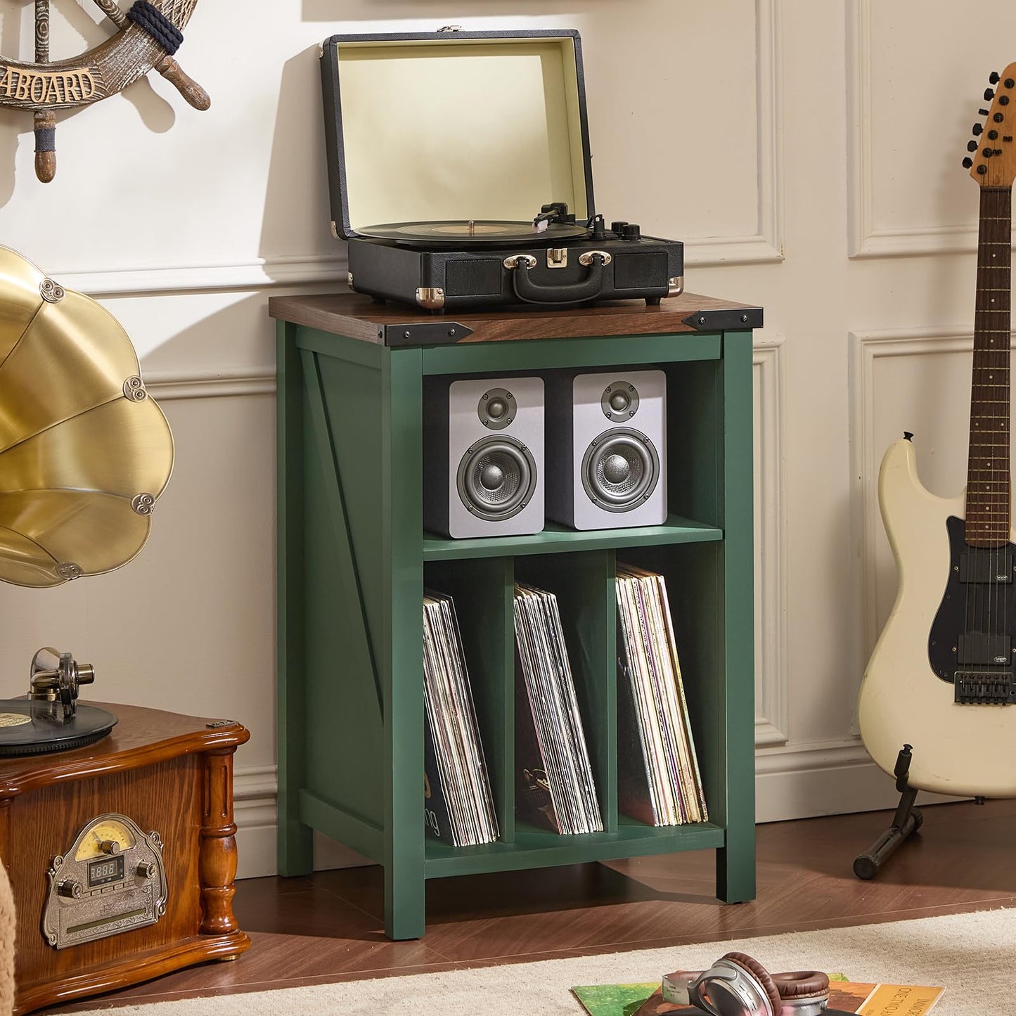 Joaxswe Record Player Stand with Vinyl Record Storage,Green Record Player Table Holds up to 160 Albums,Large Wood Turntable Stand Cabinet Dispaly Shelf for Living Room,Bedroom,Office