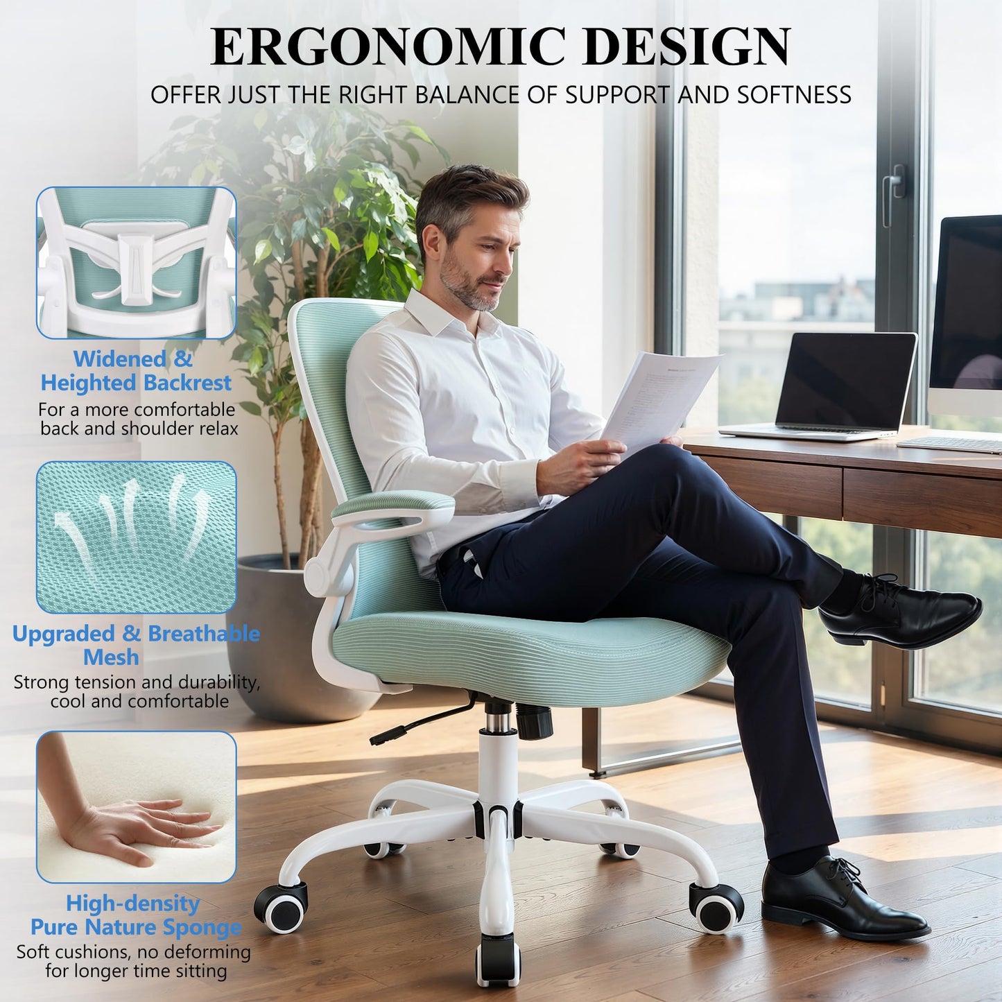 FelixKing Office Chair, Ergonomic Desk Chair Breathable Mesh Chairs Adjustable High Back Lumbar Support Flip-up Armrests, Executive Rolling Swivel Comfy Computer Chairs Home Office Light Blue