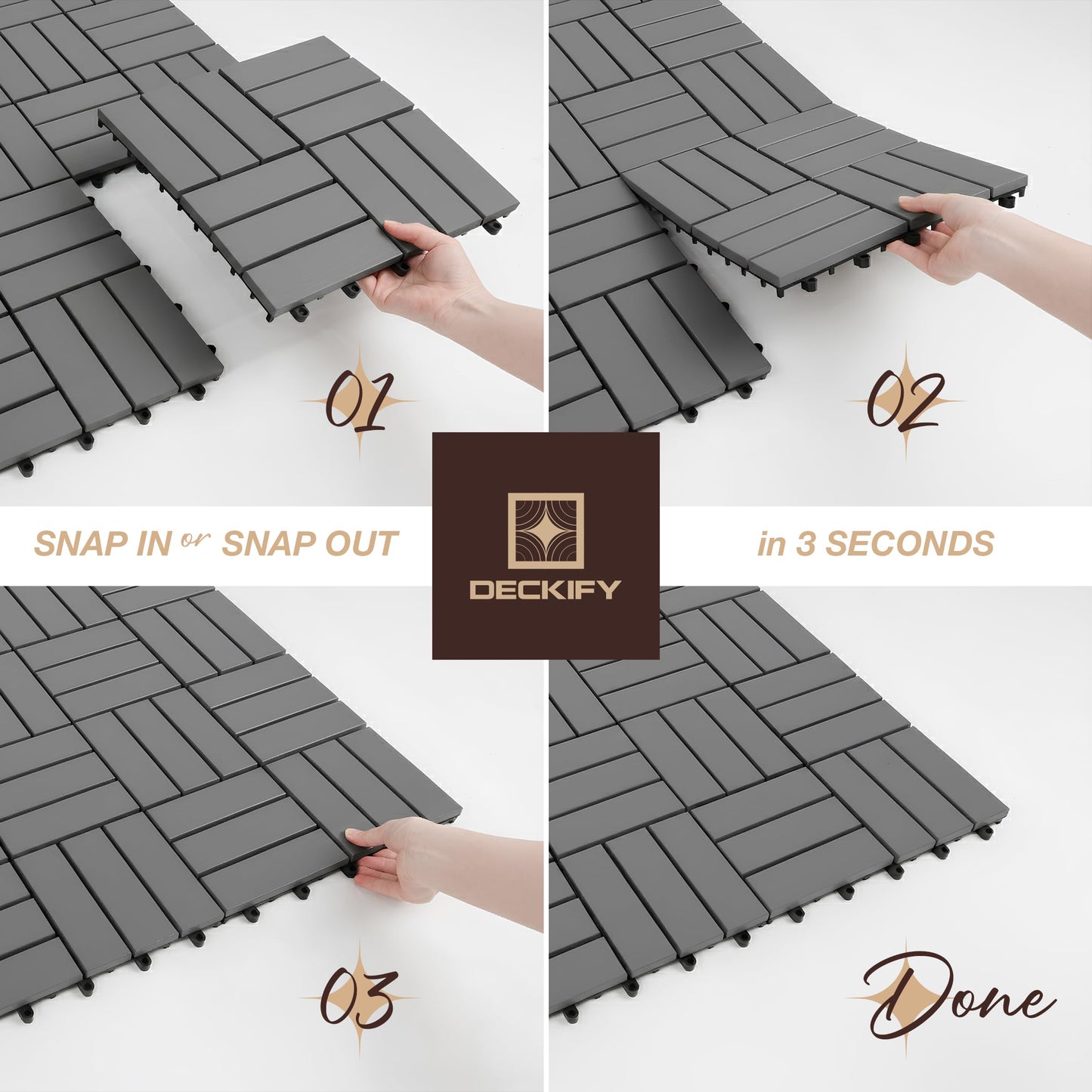 DECKIFY 9Pcs Premium Acacia Wood Interlocking Patio Deck Tiles, 12 x 12 x 0.9 Inch Outdoor Flooring, Waterproof for All-Weather Use – Crossed, Gray