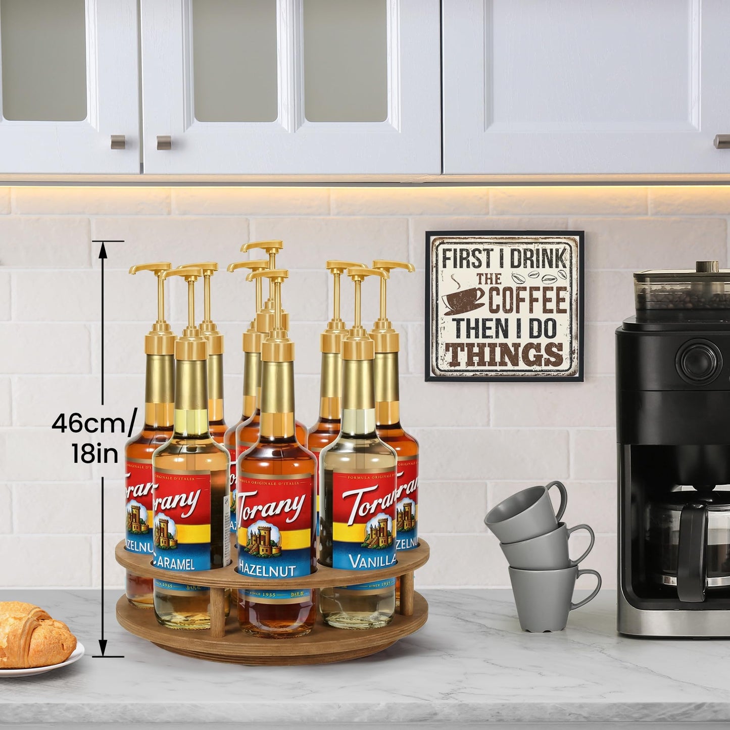 THYGIFTREE Rotating Coffee Syrup Organizer for Countertop, 9-Bottle Wooden Syrup Rack & Bottle Holder for Coffee Bar Station, Turntable Display Stand, Brown