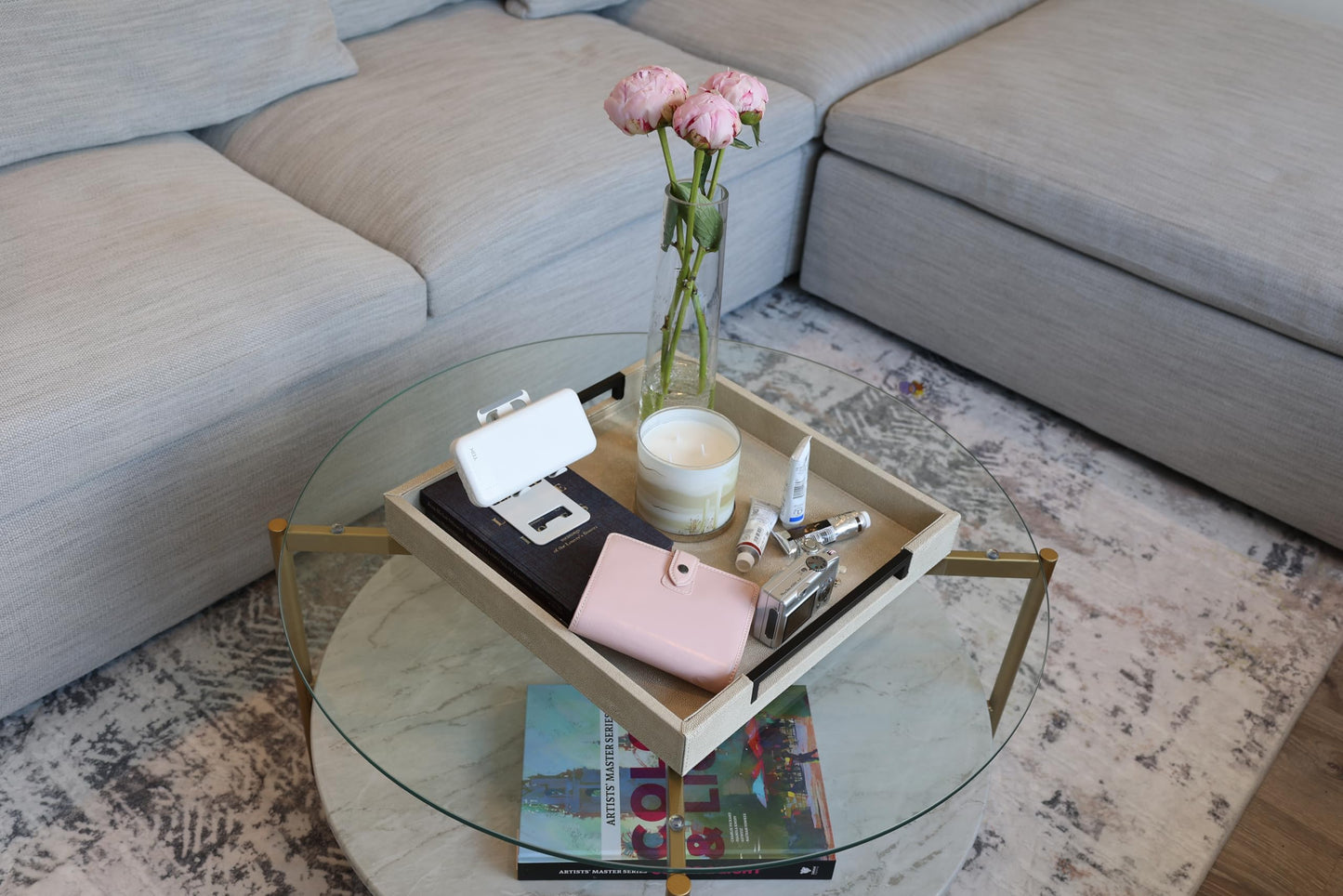 Sagala 16"x16" Ivory Shagreen Leather Serving Tray with Handles for Ottoman Coffee Table, Stylish Decorative Tray for Living Room Modern Home Decor (Ivory-Black, Square 16")