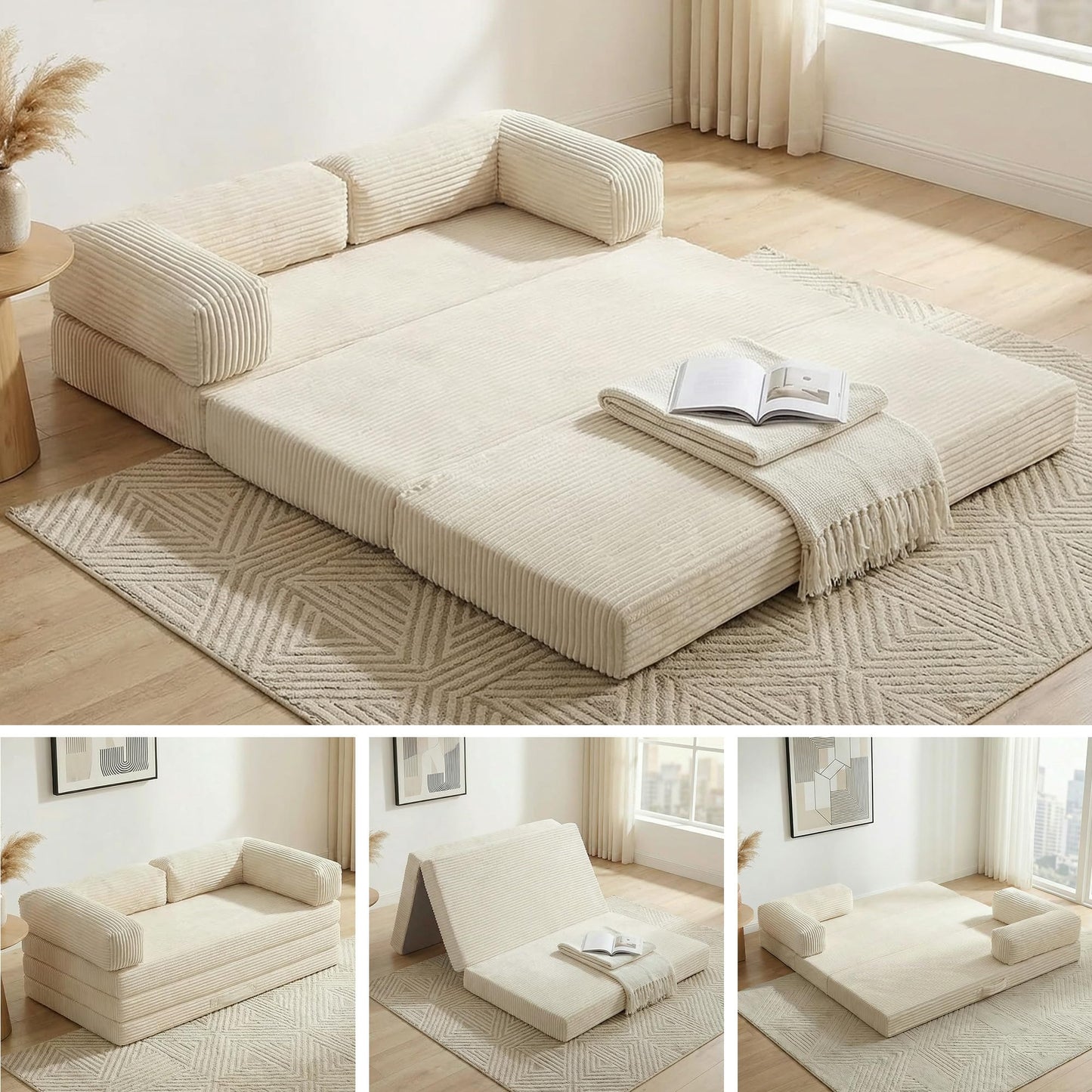 NLDD Convertible Sofa Bed King,5-in-1 Folding Boneless Couch Corduroy Futon Sofa Bed,Tri-Fold Mattress with Removable Armrests & Handle,Sleeper with Pull Out Bed for Small Space Living Room Bedroom