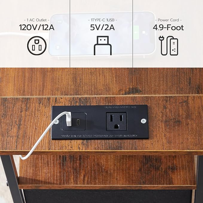 HOOBRO End Table with Charging Station, Narrow Side Table with 2 Fabric Drawers