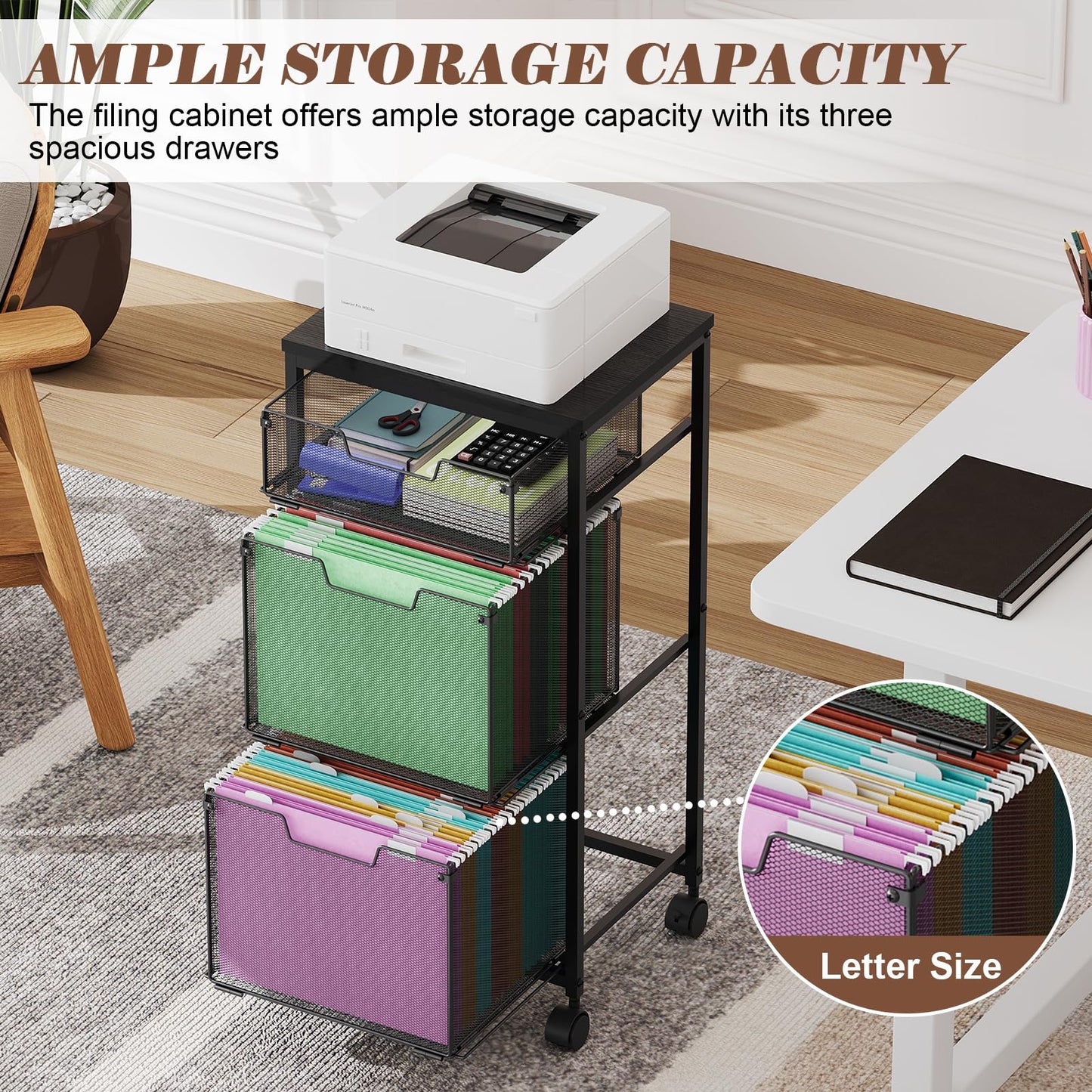 Sbanmao 3 Drawer Mobile File Cabinet for Home Office, Rolling Filing Cabinet on Lockable Wheels, Hanging File Folders Organizer, Utility Cart Storage and Organizer, Printer Stand, Black