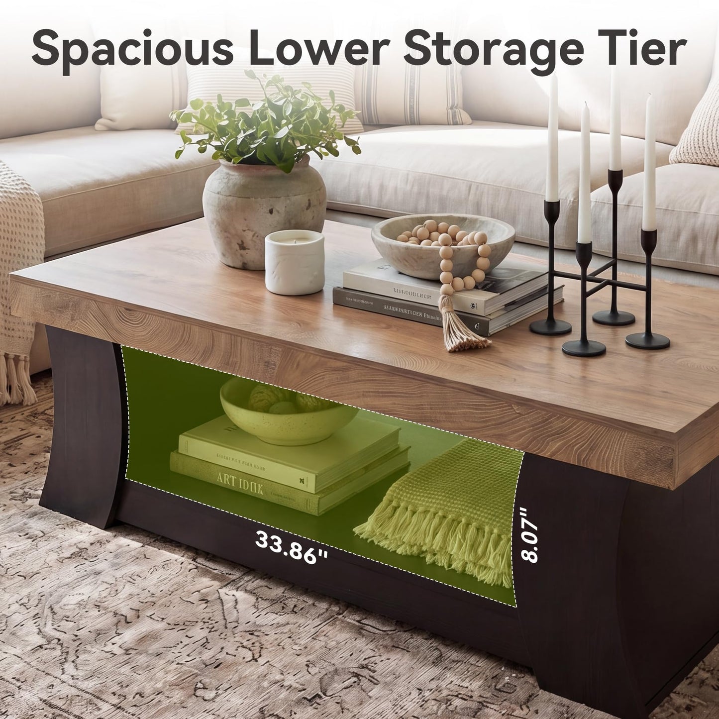LITTLE TREE 55" Coffee Table, Living Room Table with Storage Shelf, Wooden Coffee Table, Modern Farmhouse Rectangle Center Table for Living Room, Bedroom, Office, Rustic Brown+Black