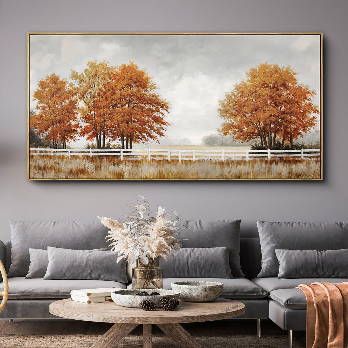 yiijeah Orange Wall Art - Large Canvas Living Room Wall Decor Fall Burnt Orange Tree Picture Ruict Landscape Poster Framed Artwork for Bedroom Office Home Decoration 48x24