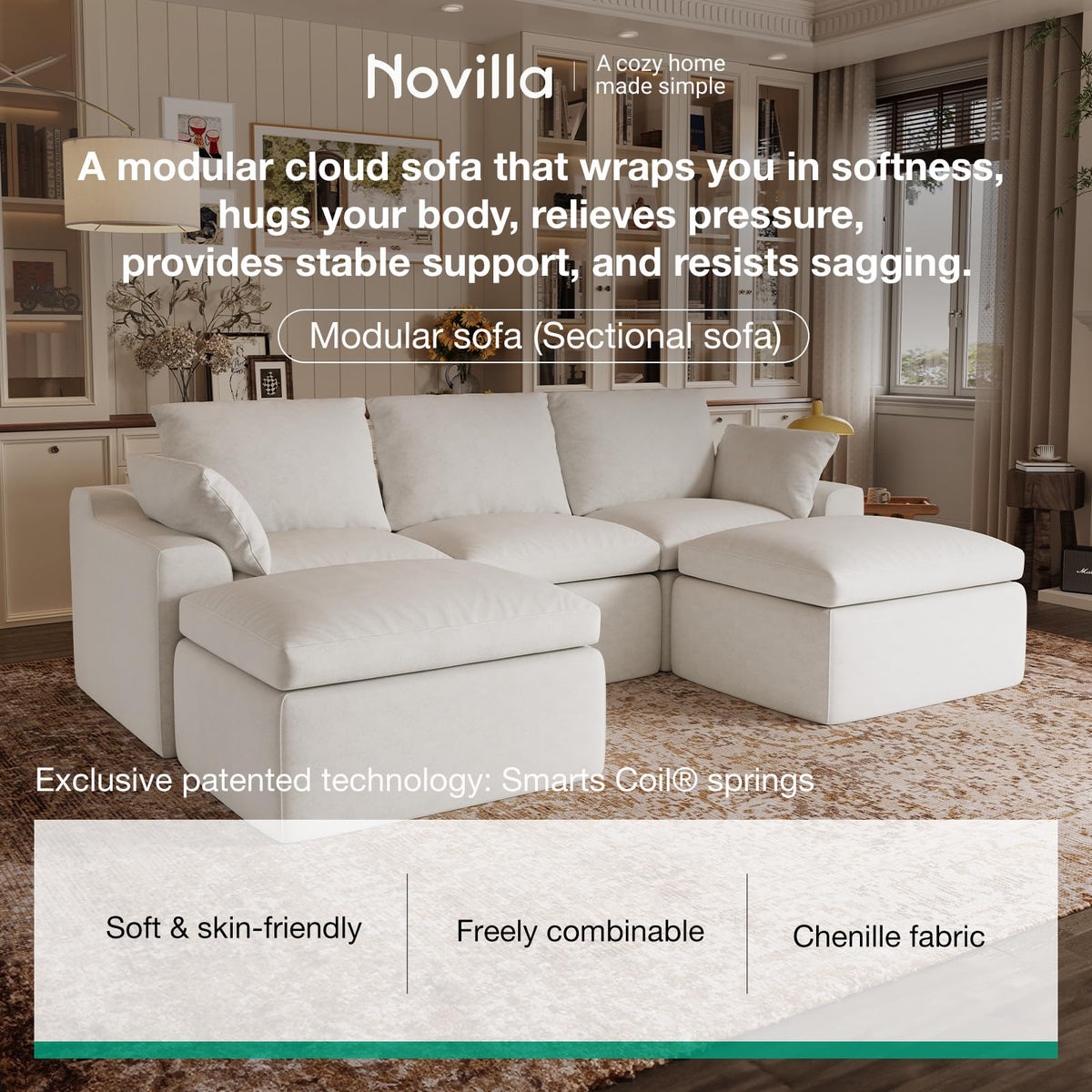 Novilla 133.8" Modular Cloud Couch, Modern Sectional Sofa with Smarts Coil® Support, Chenille Fabric, Upholstered Couch for Living Room Apartments Bedroom, No Assembly, 6 Seater, White