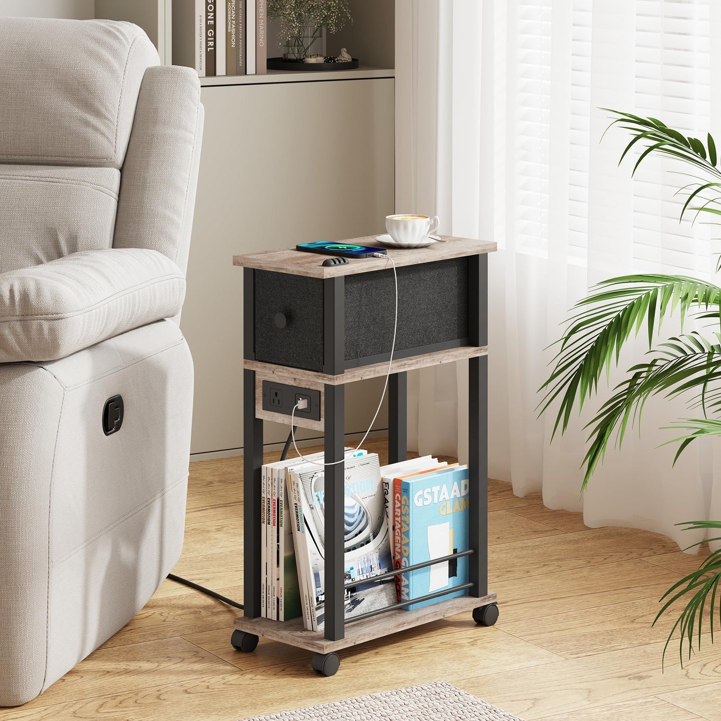 DGSANDGO Narrow Side Table (1PC) - Grey & Black Two-Tone End Table with Charging Station Drawer & 4 Wheels, Personalized Mobile Storage Nightstand for Bedroom Living Room (1 AC + 2 USB Ports)