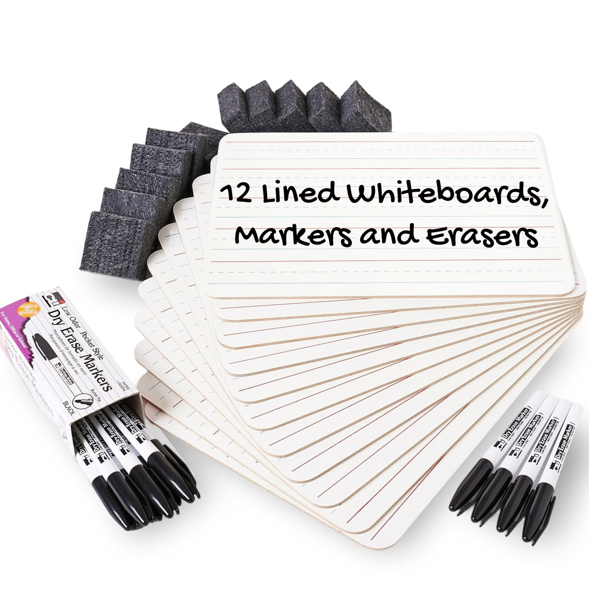 Charles Leonard Dry Erase Board Classroom Pack - Mini Lapboard School Supplies - Includes 12 Each One-Sided Lined Erasable White Boards, 2 Inch Felt Erasers and Black Dry Erase Markers (35025)
