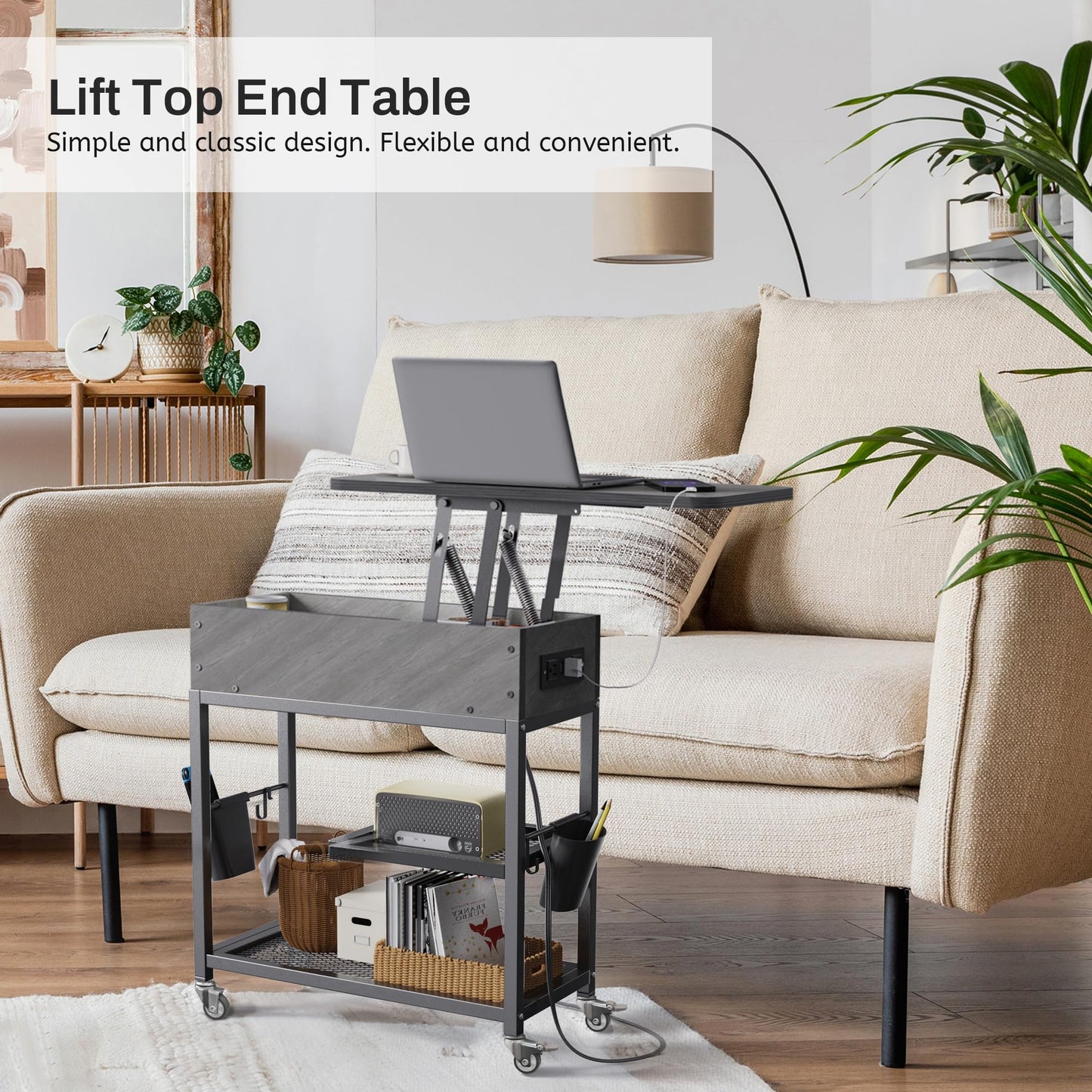 Colima Lift Top End Table with Charging Station and Wheels, Sofa Side Table with USB Port & AC Outlets, Movable Bedside Nightstand with Side Bag for Office Living Room Bedroom(Gray)