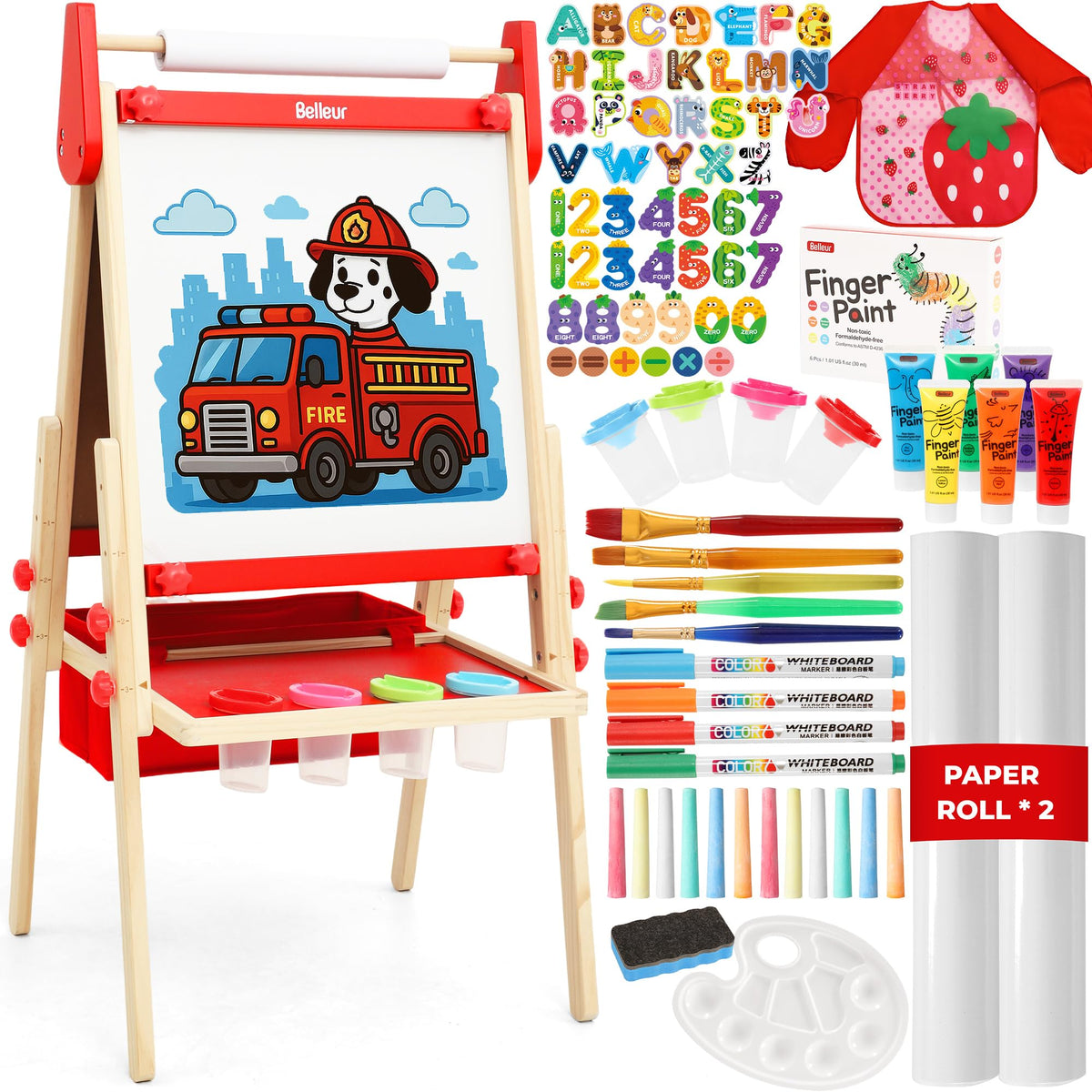 Belleur All-in-One Art Easel for Kids, Adjustable Double Sided Easel for Toddlers with Magnetic Whiteboard & Dry-Erase Chalk Board & Paper Roll, Child Painting Easel for Kid 2-8 Birthday Gift - Red