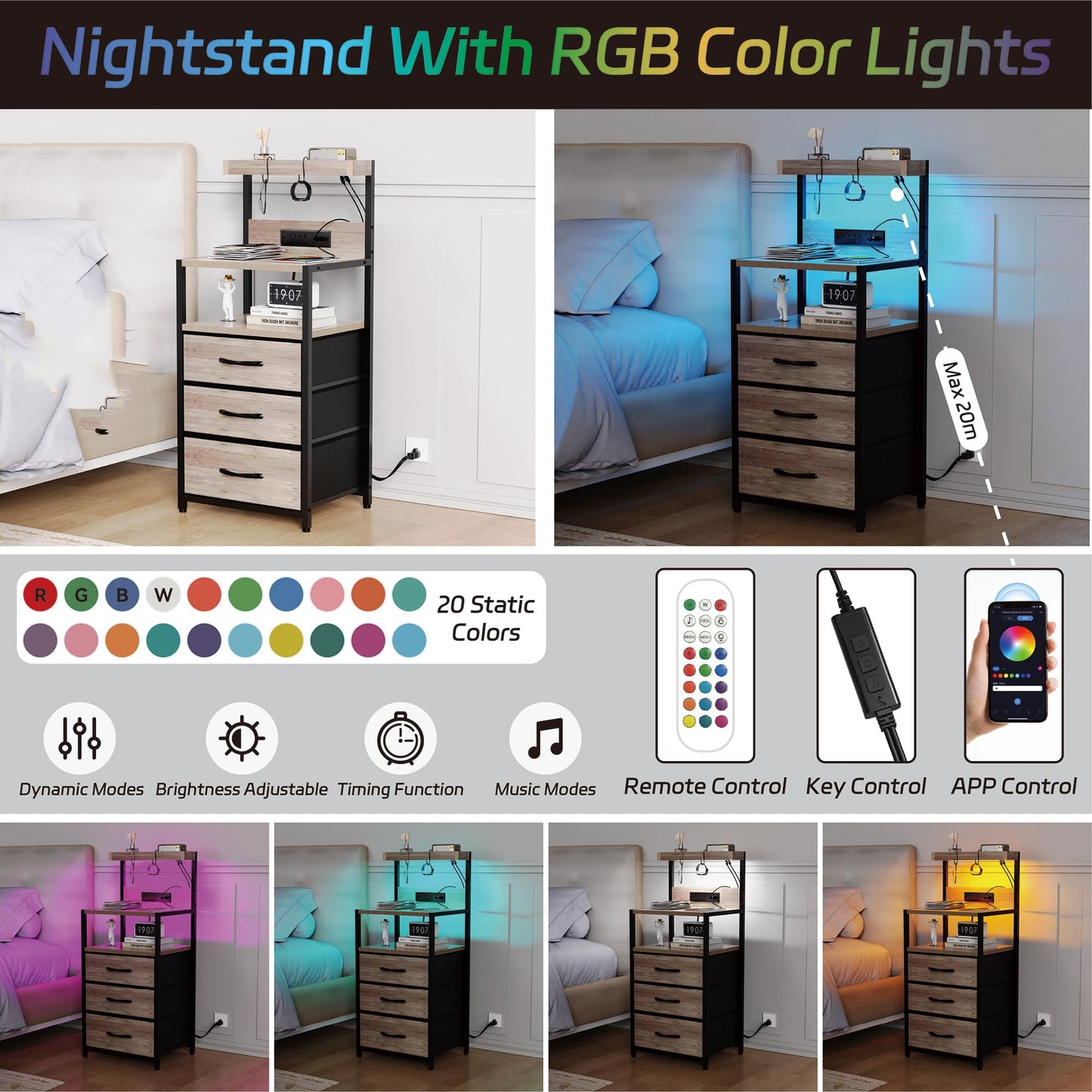 SZLHANJZ Night Stand with Charger Station, 3 Drawers Nightstand with Storage and LED Lights, Shelves, and Hooks, Bed Side End Table for Bedroom Dorm, Greige