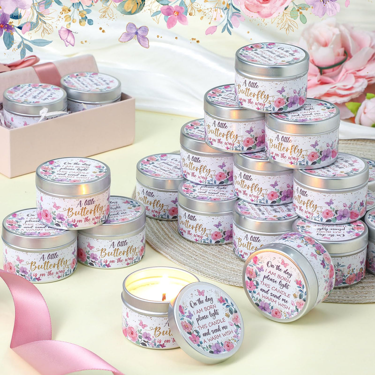 MTLEE 24 Pcs Butterfly Baby Shower Party Favors Candles Lavender Scented Baby Shower Favors for Guests Rustic Tealights Candles Gender Reveal Return Gifts (1.2 oz, Gold)