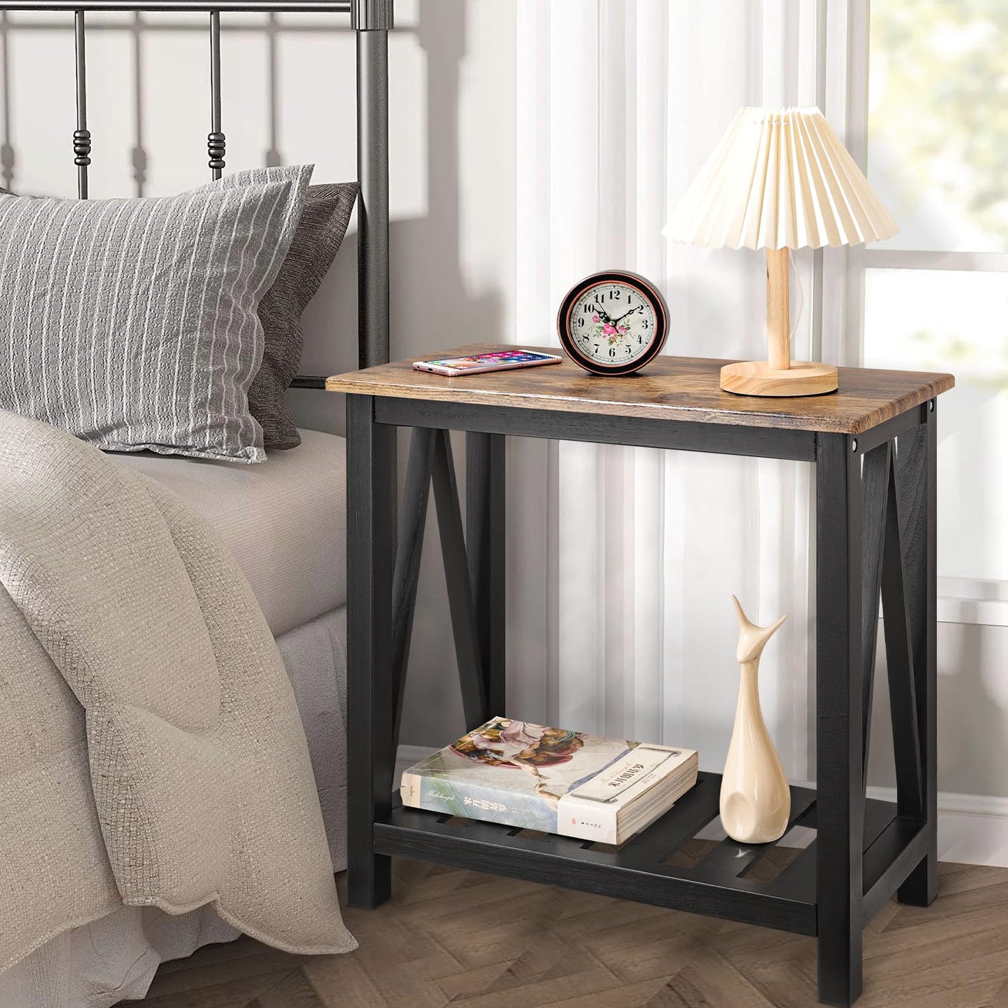 Narrow Side Table Rectangular End Tables with Storage Shelf Small Industrial Nightstands Bedside Table for Small Spaces Living Room Bedroom Bathroom Brown Smooth Tabletop and Black Legs