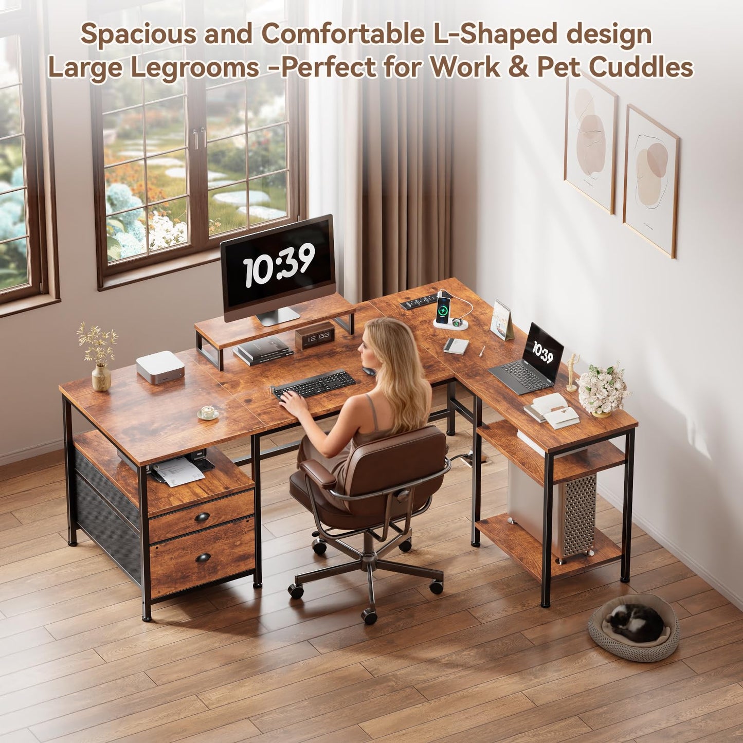 Furologee L Shaped Computer Desk with Power Outlet, Reversible Home Office Desk for Work Study, 50 Inch Corner Gaming Table with File Drawer, Monitor Stand, Storage Shelves, Rustic Brown